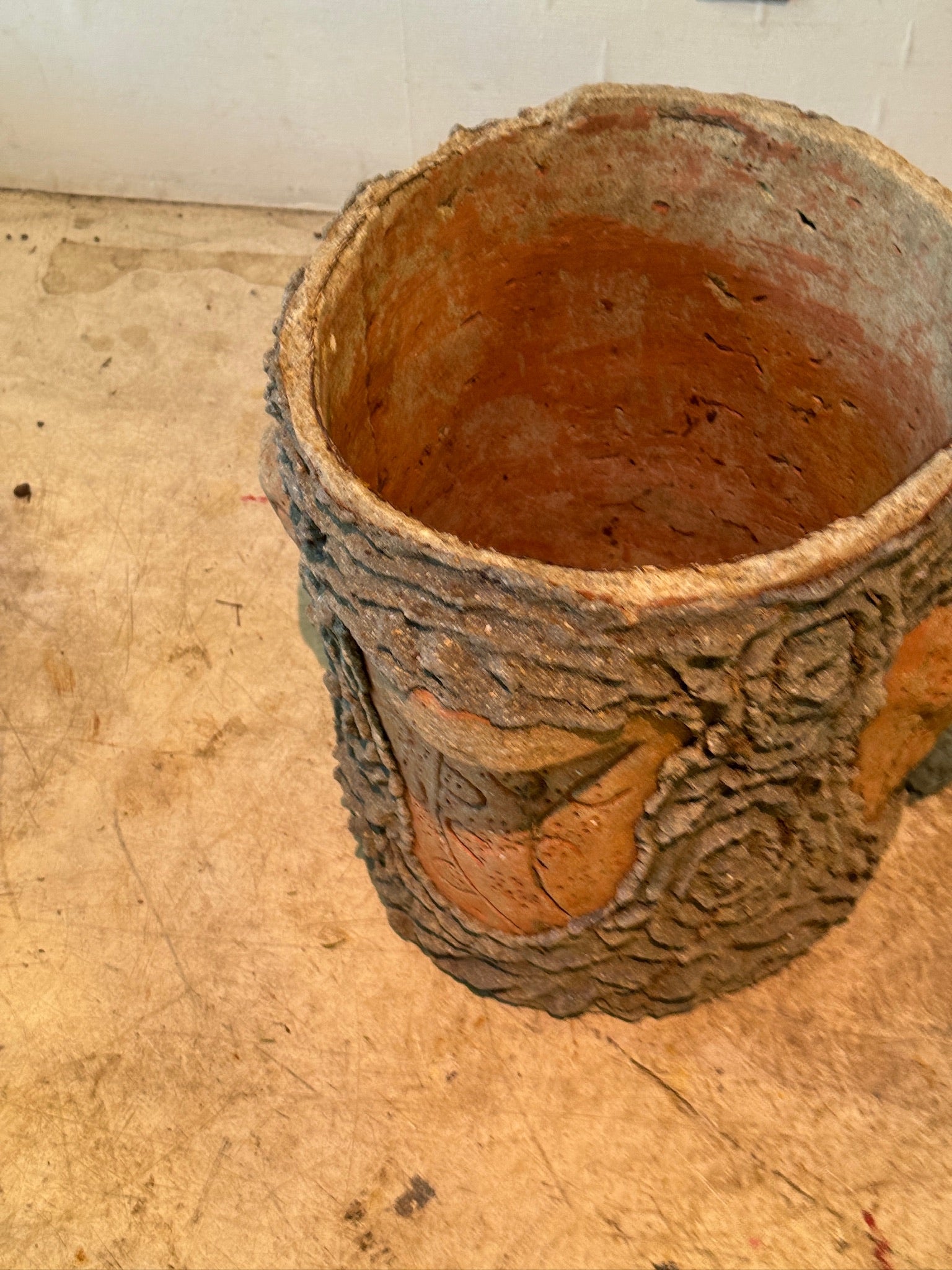 Vintage Faux Bois Pottery Planter with Sculptural Incised Terracotta Panels