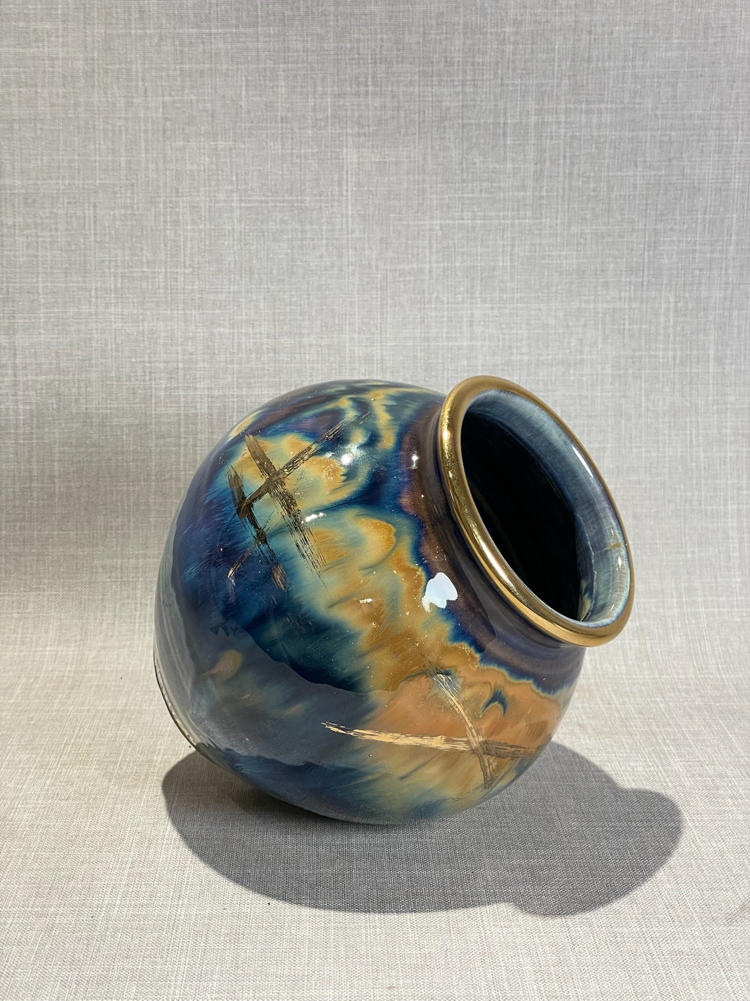 Ed Weintraub Studio Art Pottery Vase with Multicolor Drip Glaze and Gilt Rim