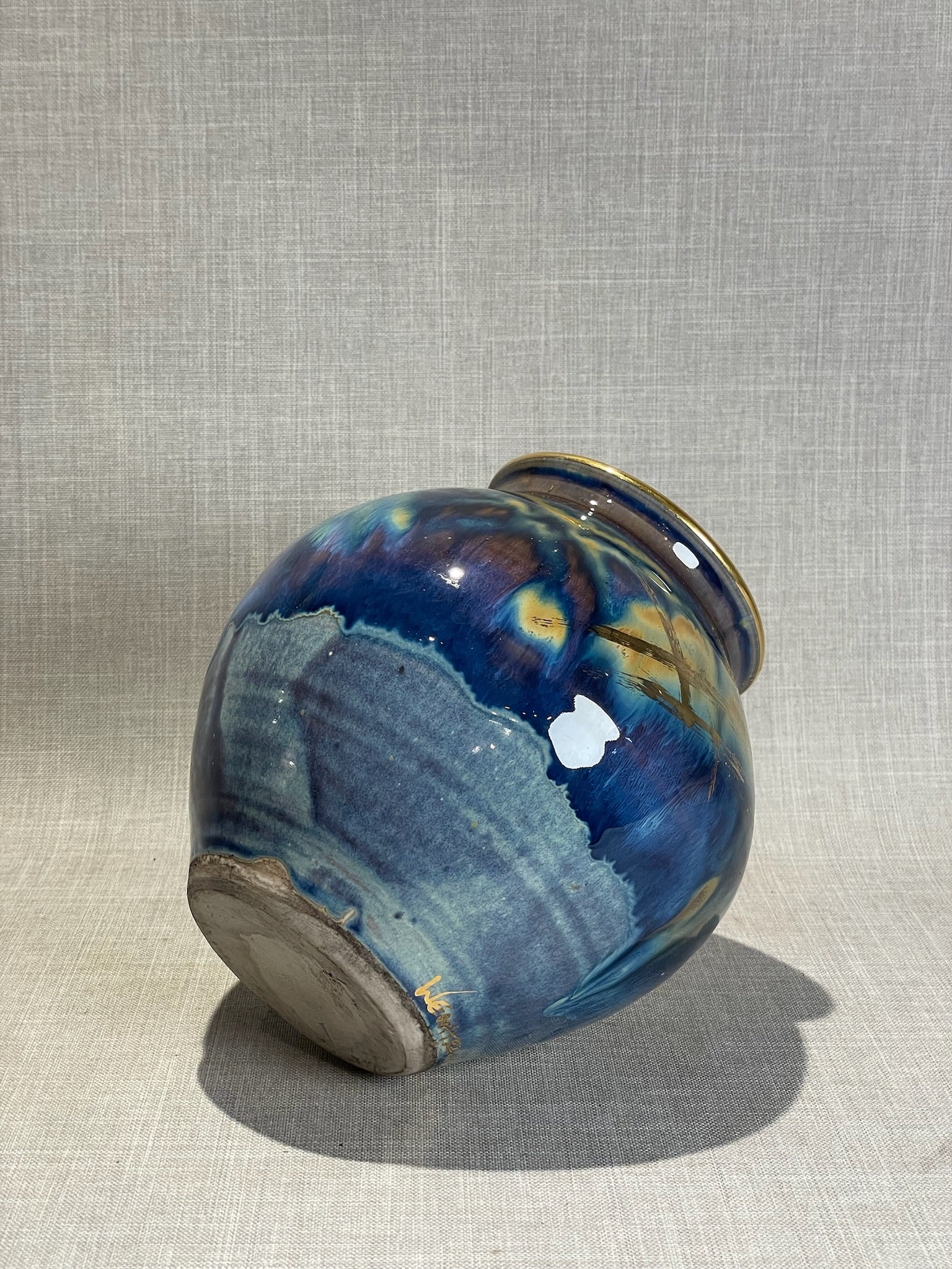 Ed Weintraub Studio Art Pottery Vase with Multicolor Drip Glaze and Gilt Rim