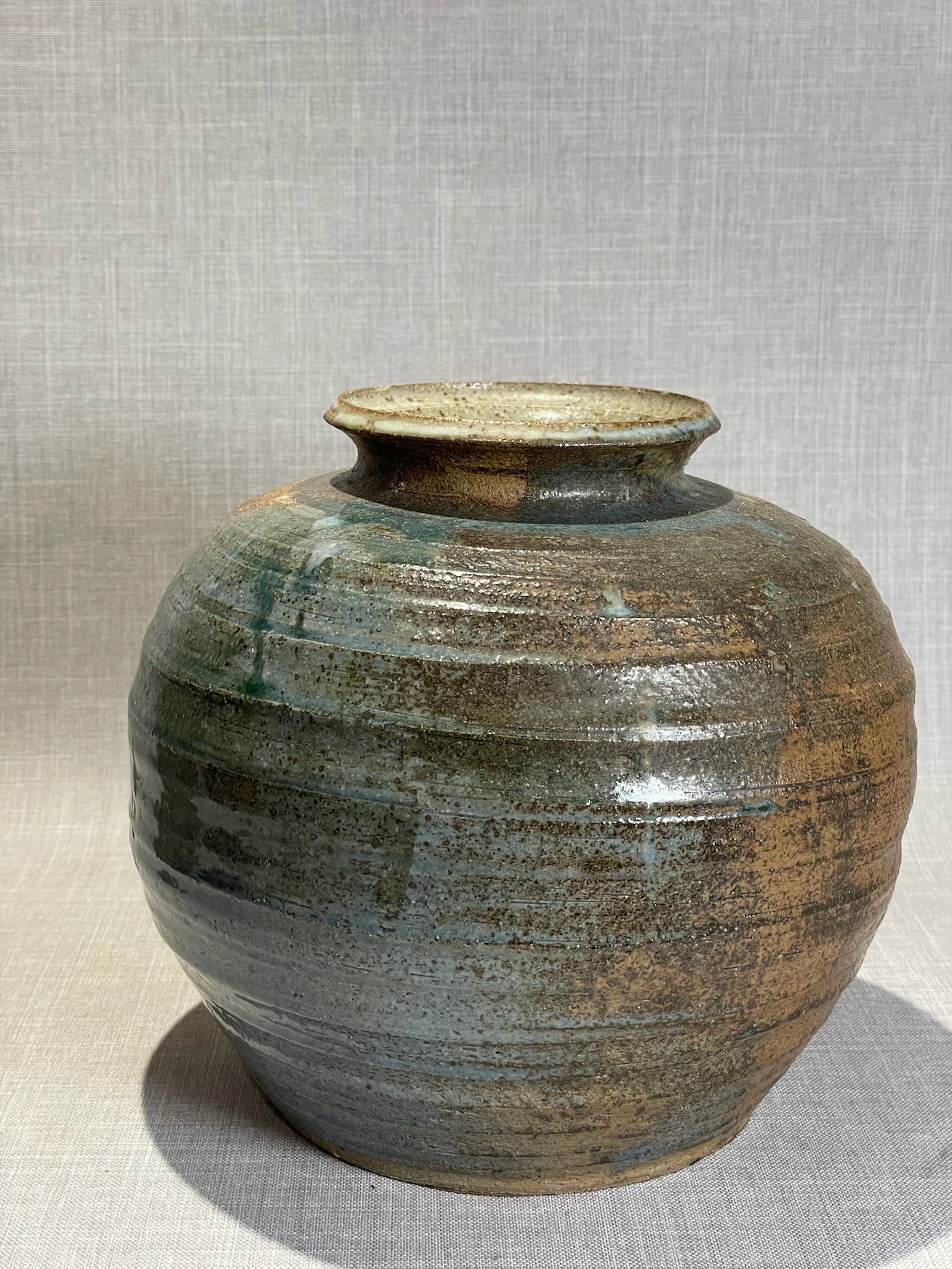 Handcrafted Earthenware Vase with Natural Ash Drip Glaze in Earth and Sage Tones
