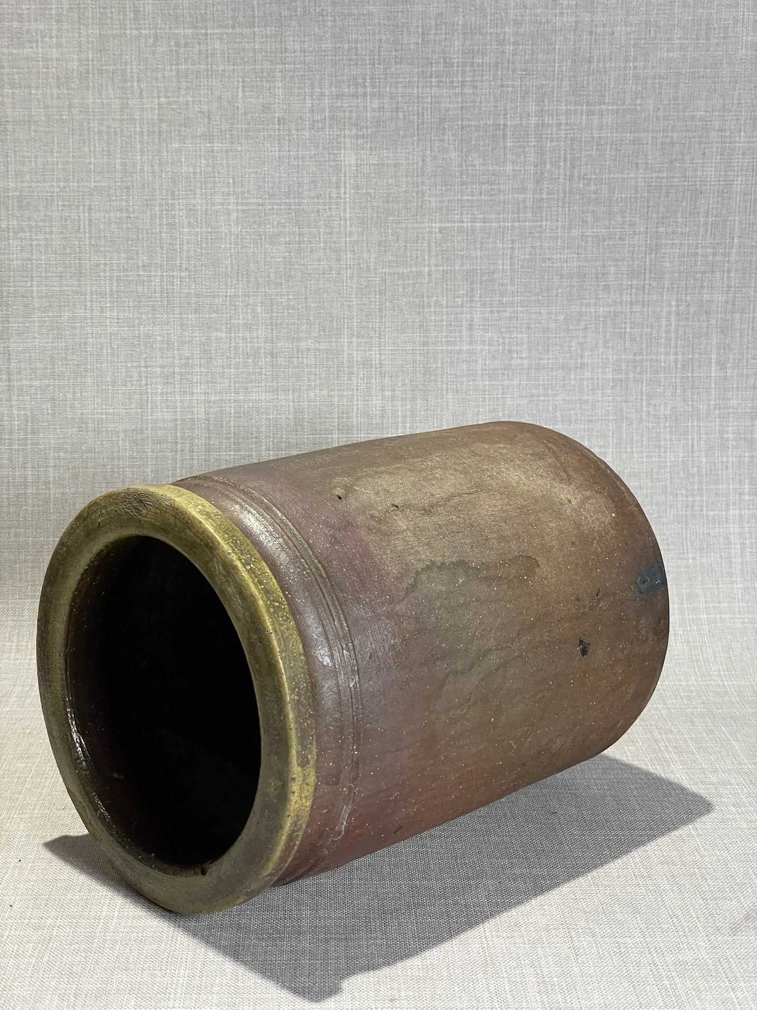 Antique Shenandoah Valley Hand-Thrown Stoneware Storage Crock with Olive-Glazed Rolled Rim