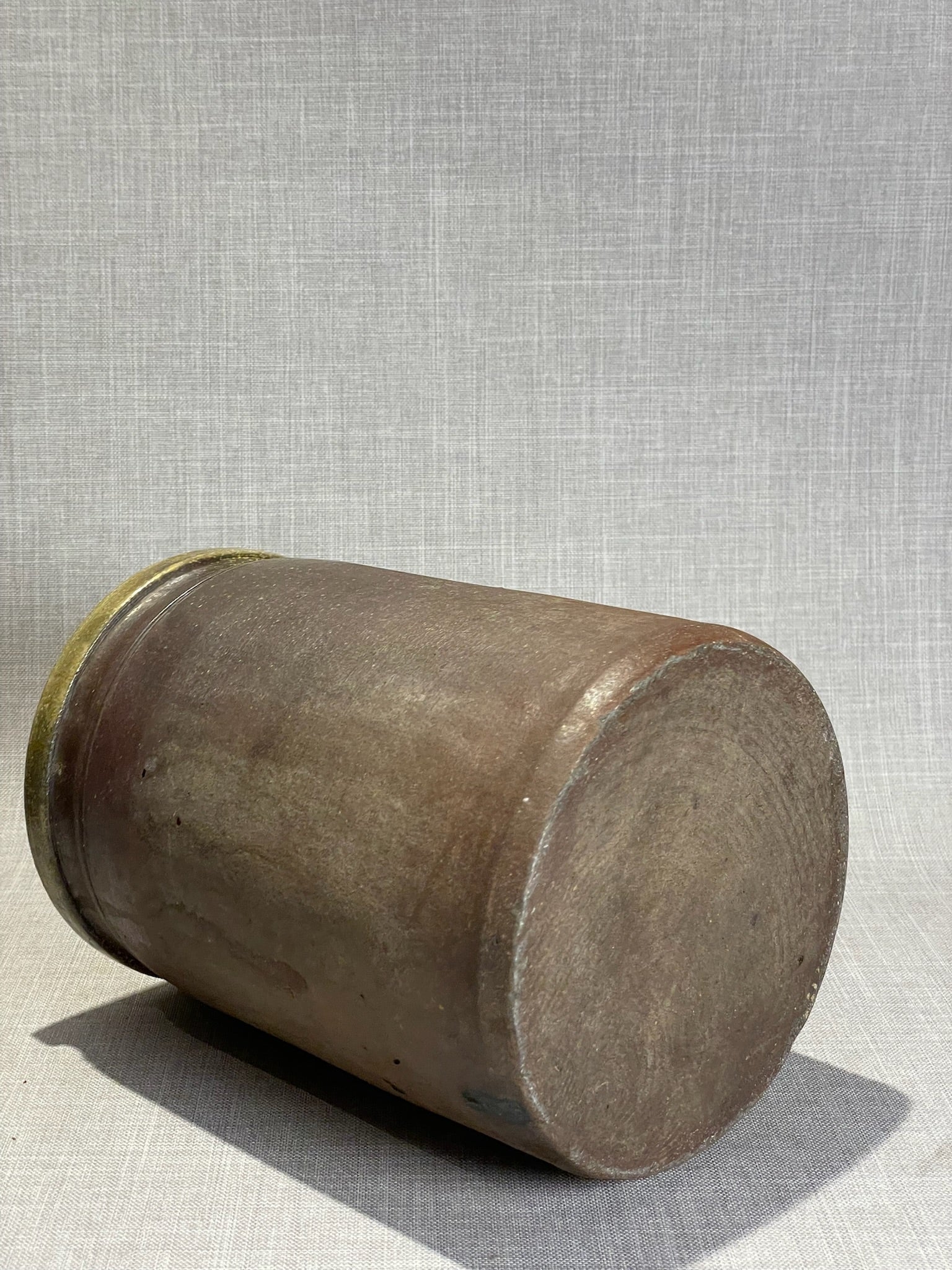 Antique Shenandoah Valley Hand-Thrown Stoneware Storage Crock with Olive-Glazed Rolled Rim