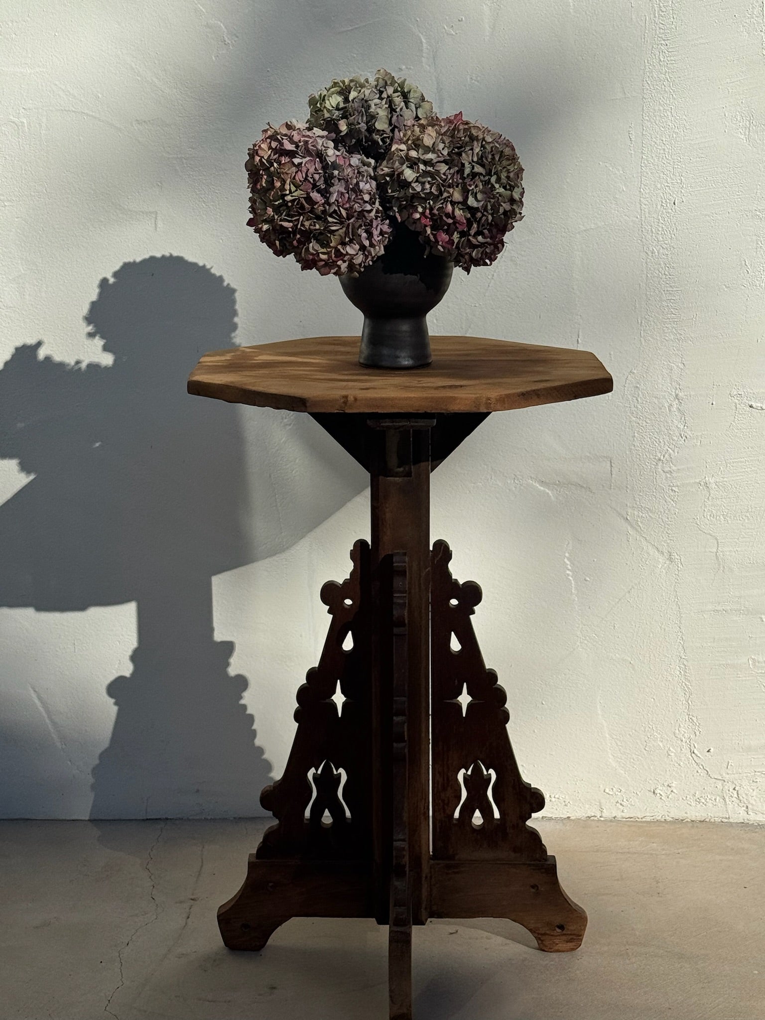 Antique Hand-Carved Gothic Revival Wooden Pedestal Side Table Late 19th Century