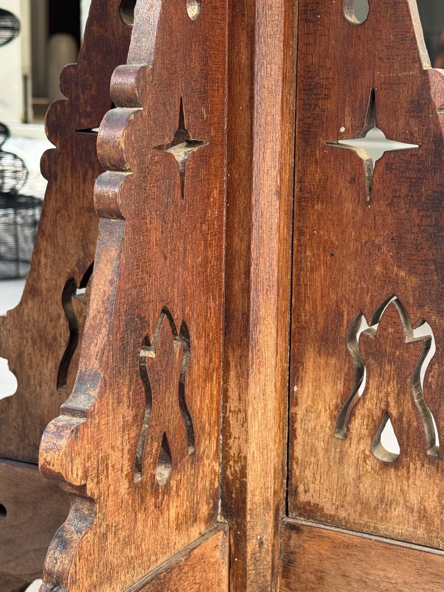 Antique Hand-Carved Gothic Revival Wooden Pedestal Side Table Late 19th Century