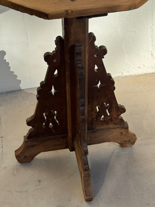 Antique Hand-Carved Gothic Revival Wooden Pedestal Side Table Late 19th Century