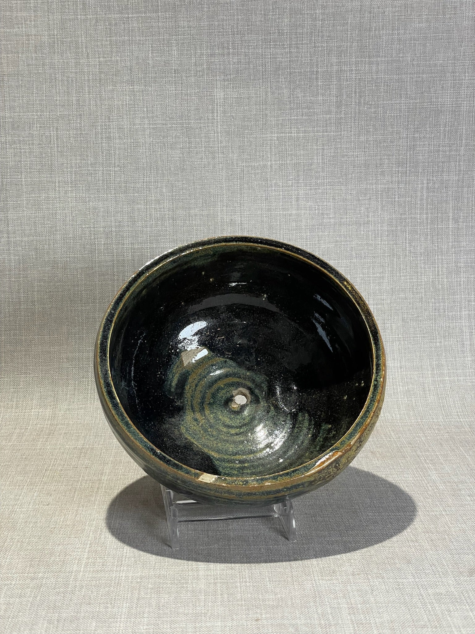 Vintage Studio Pottery Footed Bowl with Dark Green & Earth-Tone Drip Glaze