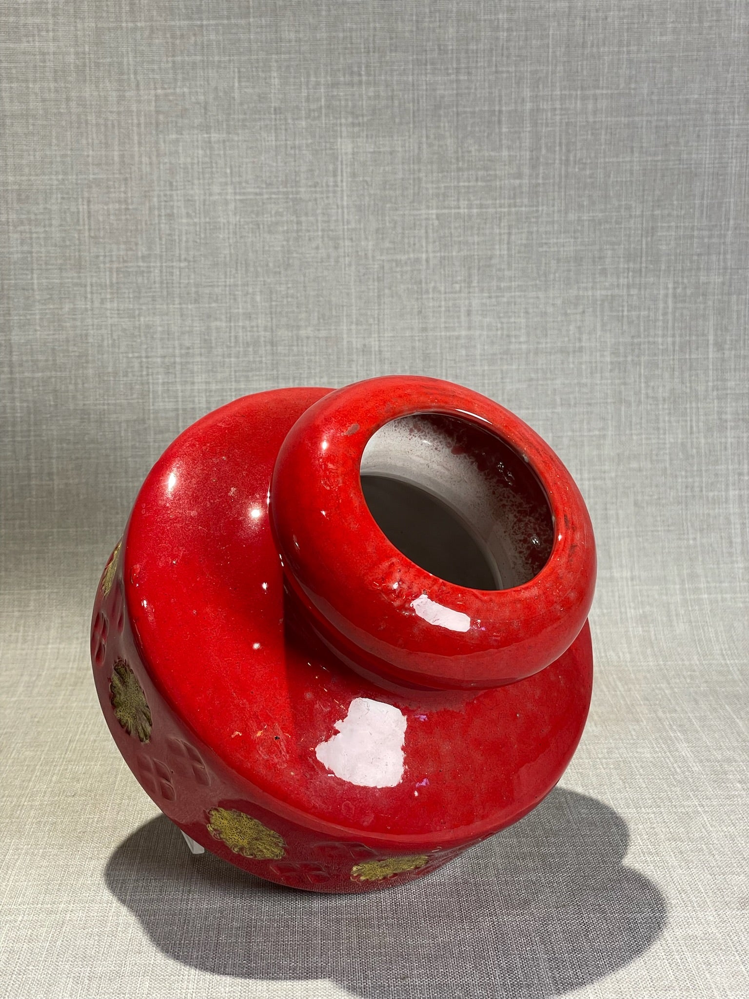 Mid-Century Modern Red Glazed Ceramic Vase with Embossed Gold Medallions