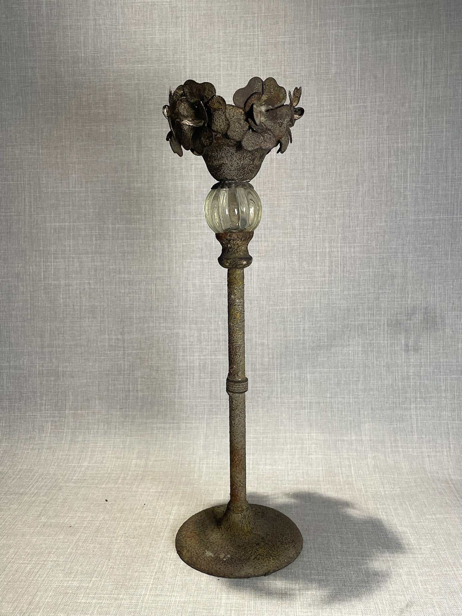Vintage Iron and Glass Floral Pedestal Candle Holder – Rustic Botanical Centerpiece