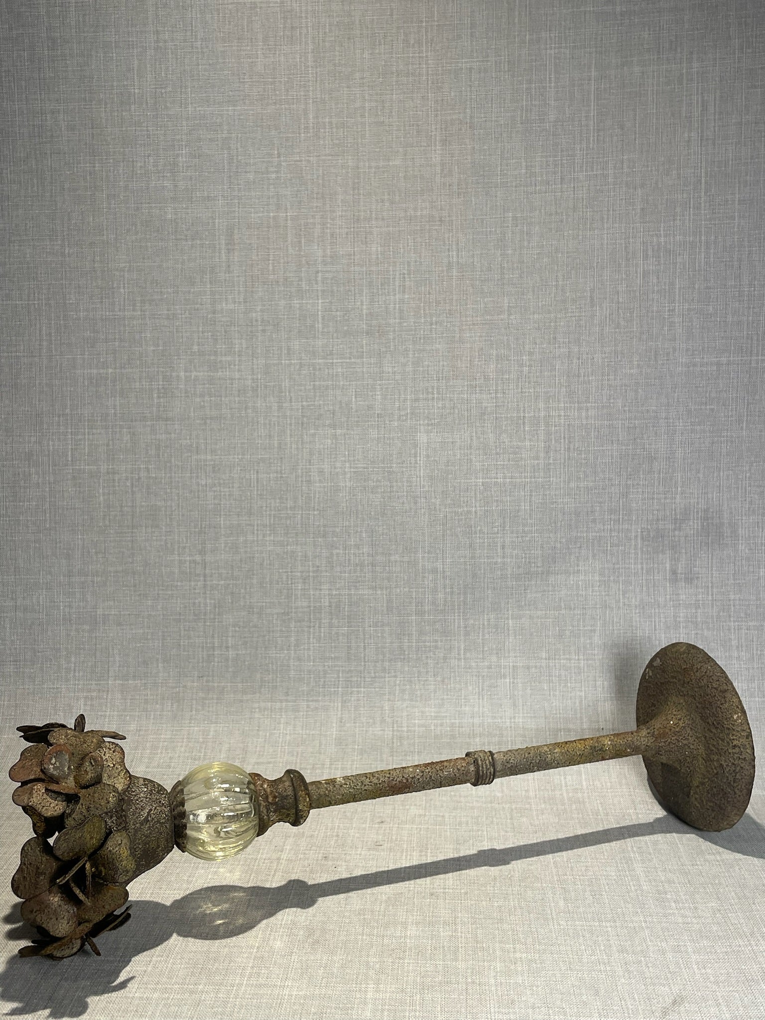 Vintage Iron and Glass Floral Pedestal Candle Holder – Rustic Botanical Centerpiece