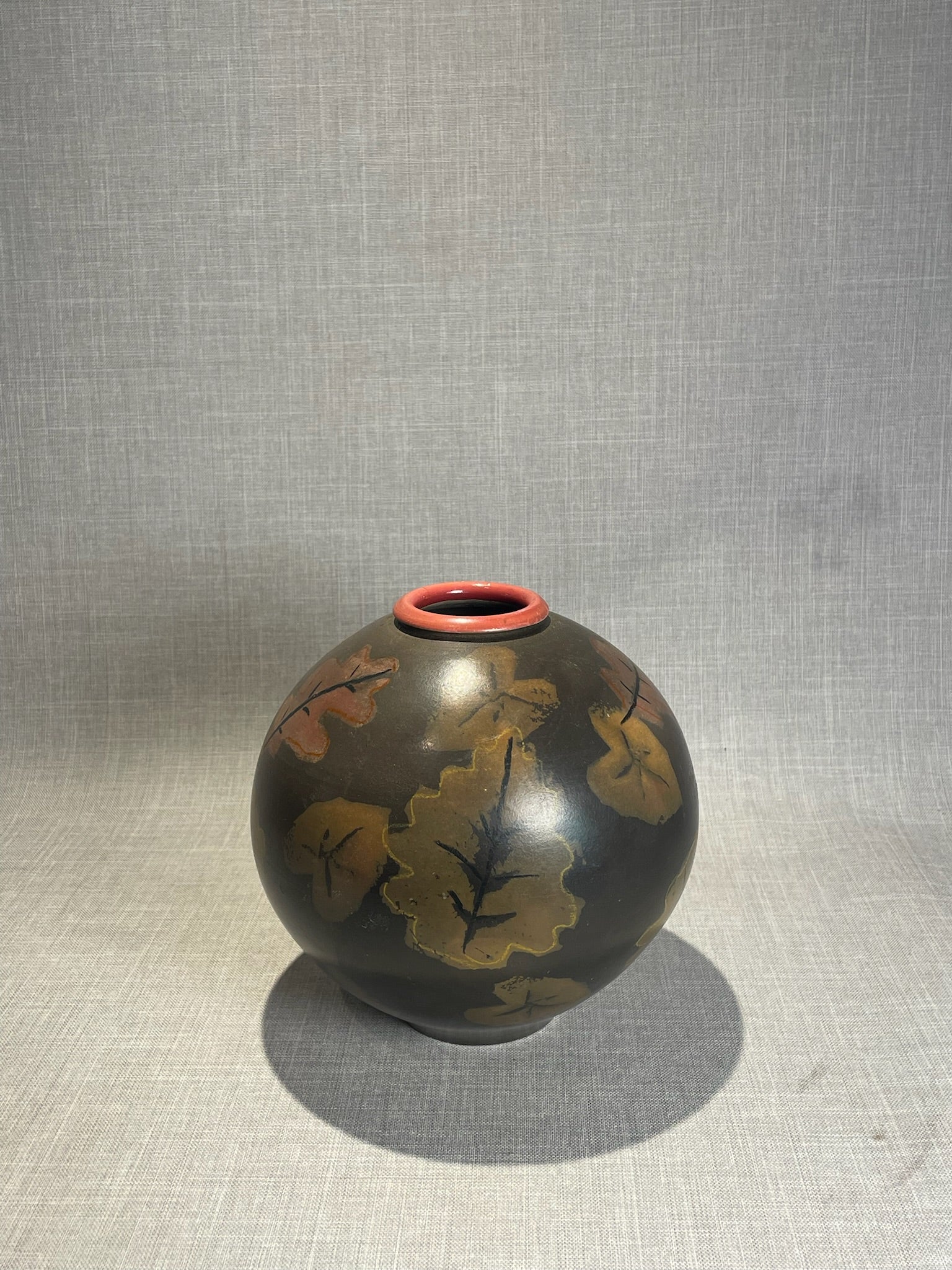 Studio Art Pottery Spherical Vase with Hand-Painted Oak Leaf Motif and Terracotta Rim