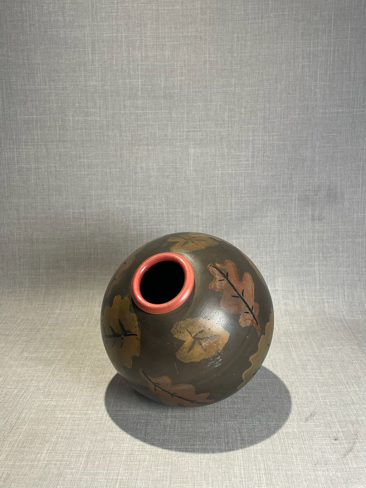 Studio Art Pottery Spherical Vase with Hand-Painted Oak Leaf Motif and Terracotta Rim