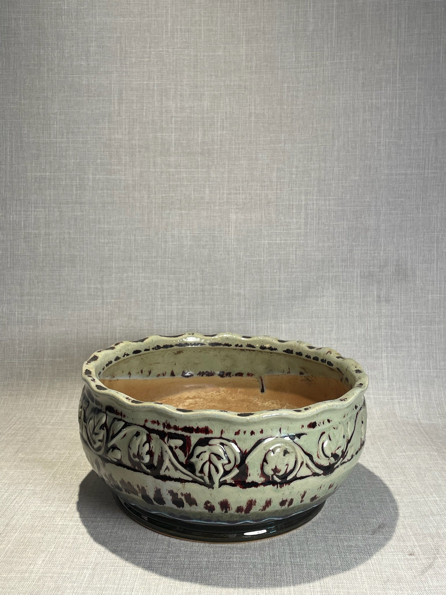 Shawnee Art Pottery Green Glazed Bowl with Embossed Leaf Motif