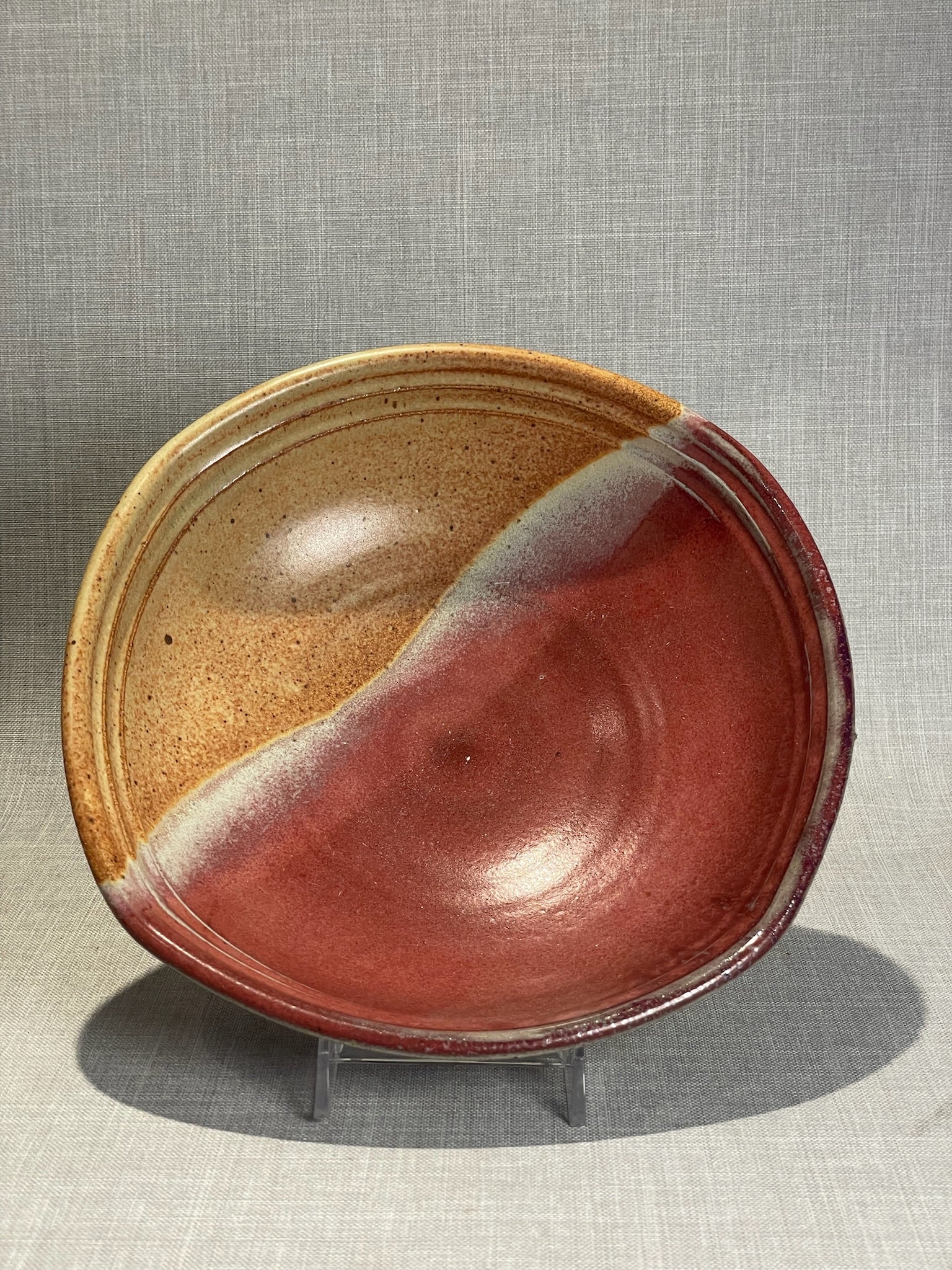 Large Two-Tone Studio Pottery Serving Bowl with Red Glaze & Natural Speckled Stoneware