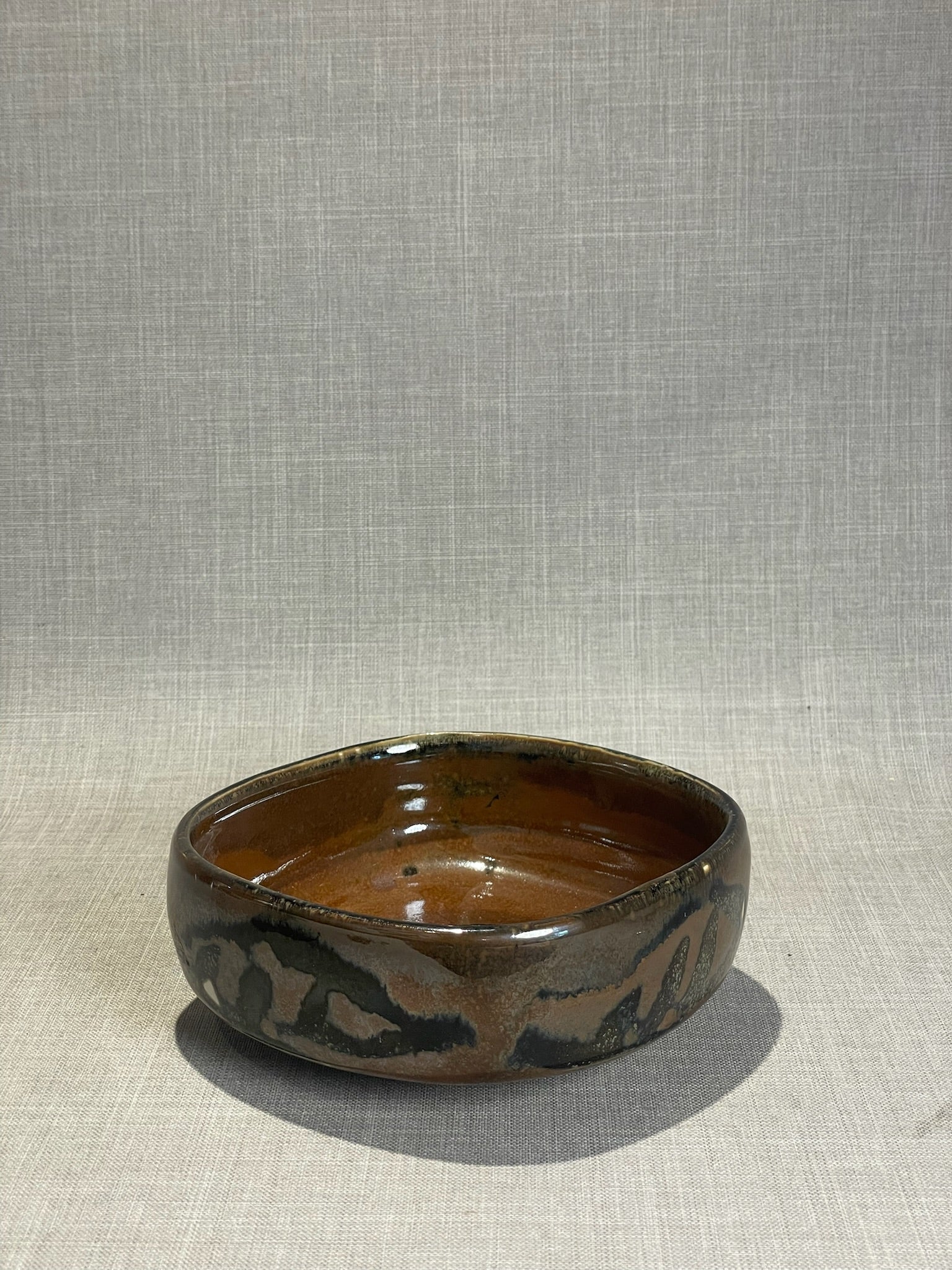 Handcrafted Brown Drip-Glazed Studio Pottery Bowl with Organic Abstract Motifs