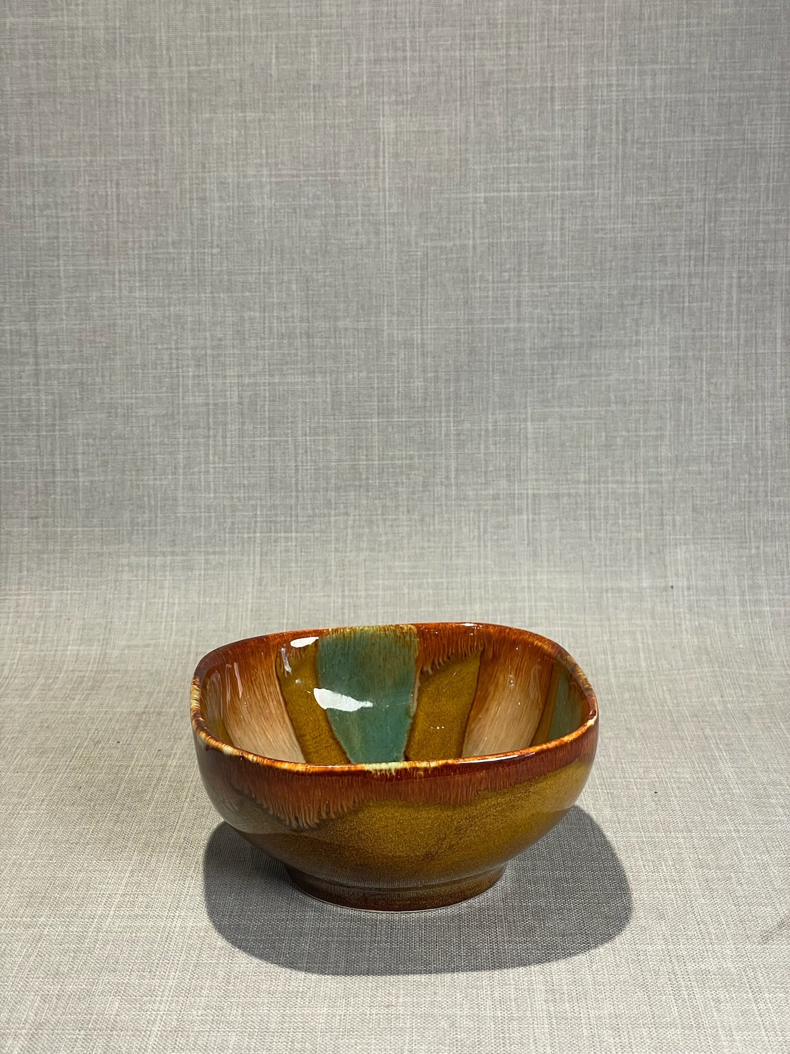 Handmade Earth-Tone Drip Glaze Studio Pottery Bowl with Artisanal Mid-Century Flair