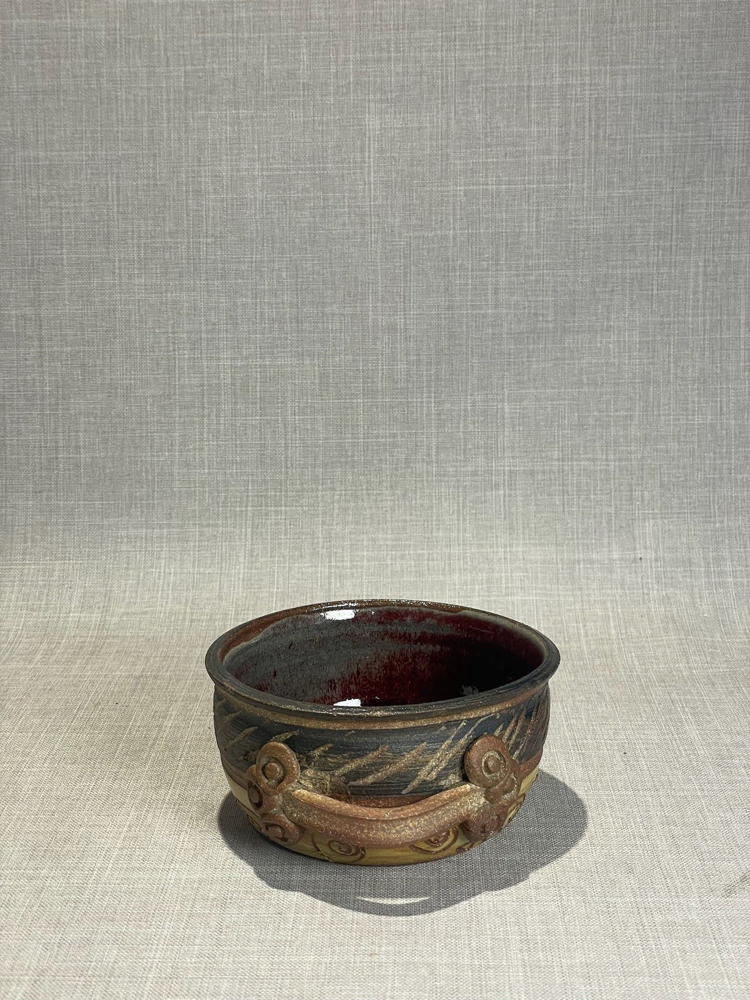 Handmade Studio Art Pottery Bowl with Handles & Plum Glaze Interior