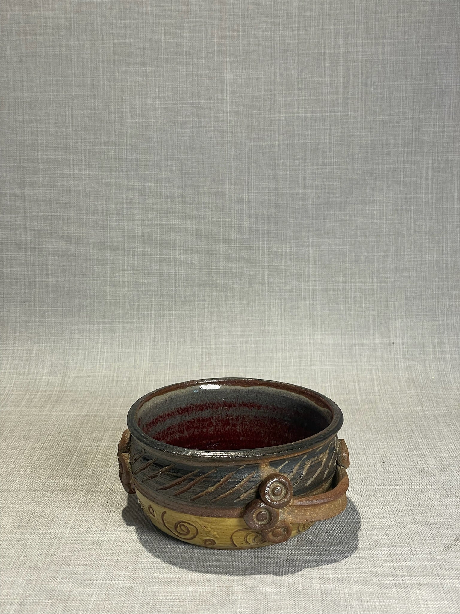 Handmade Studio Art Pottery Bowl with Handles & Plum Glaze Interior