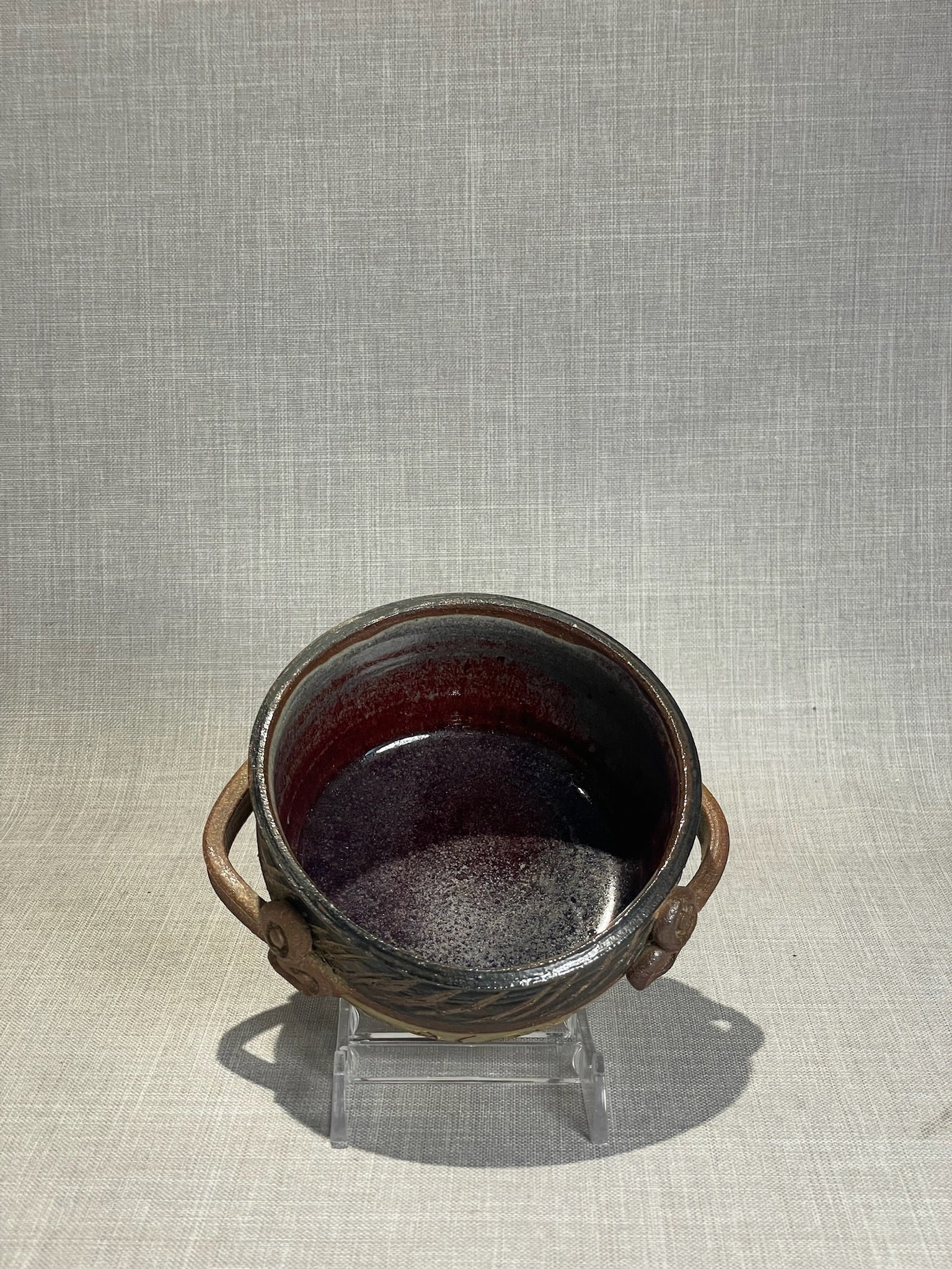 Handmade Studio Art Pottery Bowl with Handles & Plum Glaze Interior