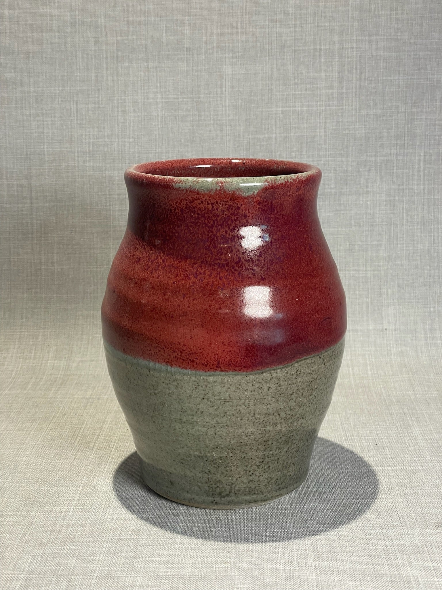 Contemporary Studio Pottery Vase with Red and Gray Two-Tone Glaze