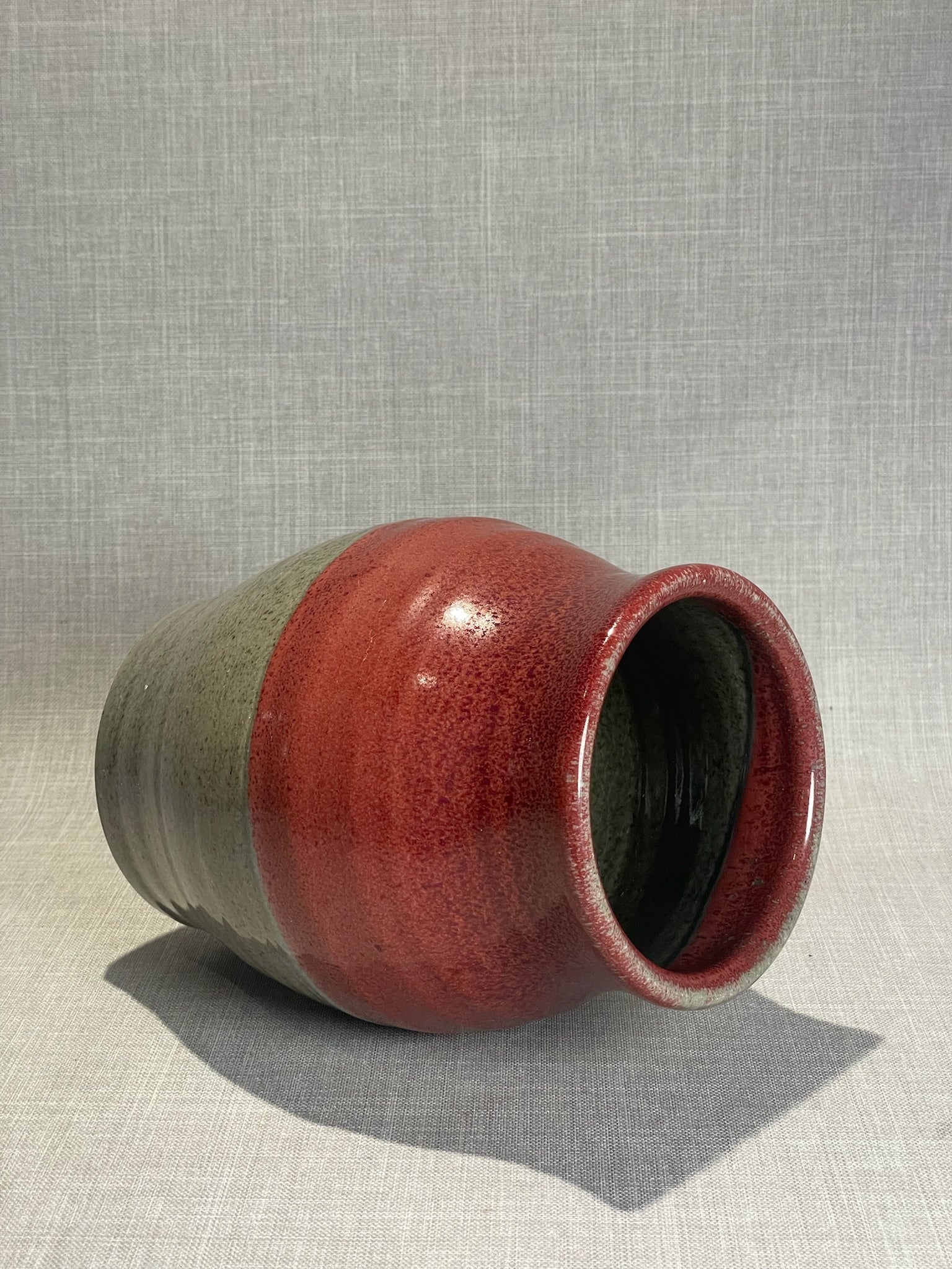Contemporary Studio Pottery Vase with Red and Gray Two-Tone Glaze