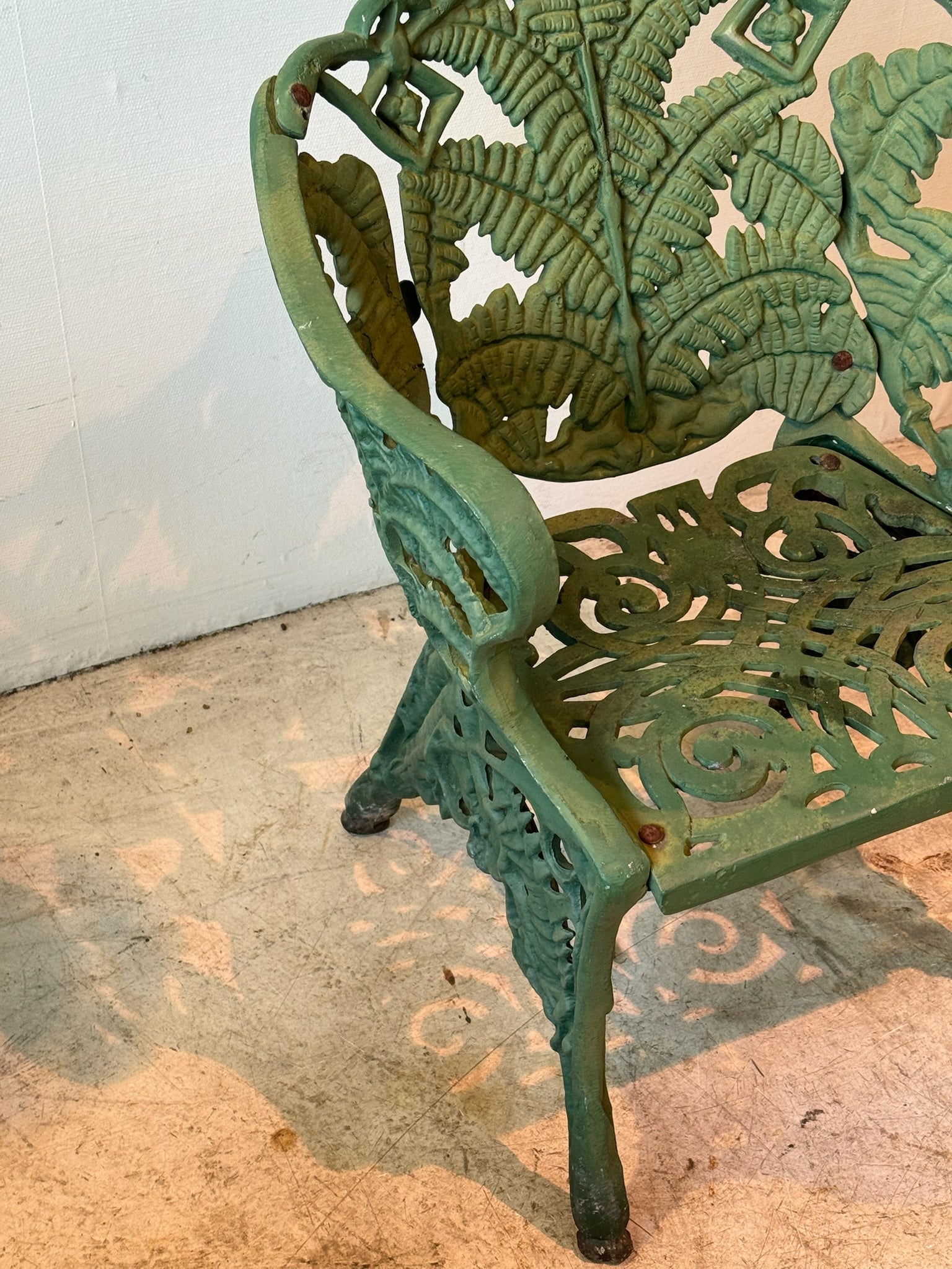 Antique Cast Iron Fern Motif Garden Chairs with Verdigris Patina – Set of 2