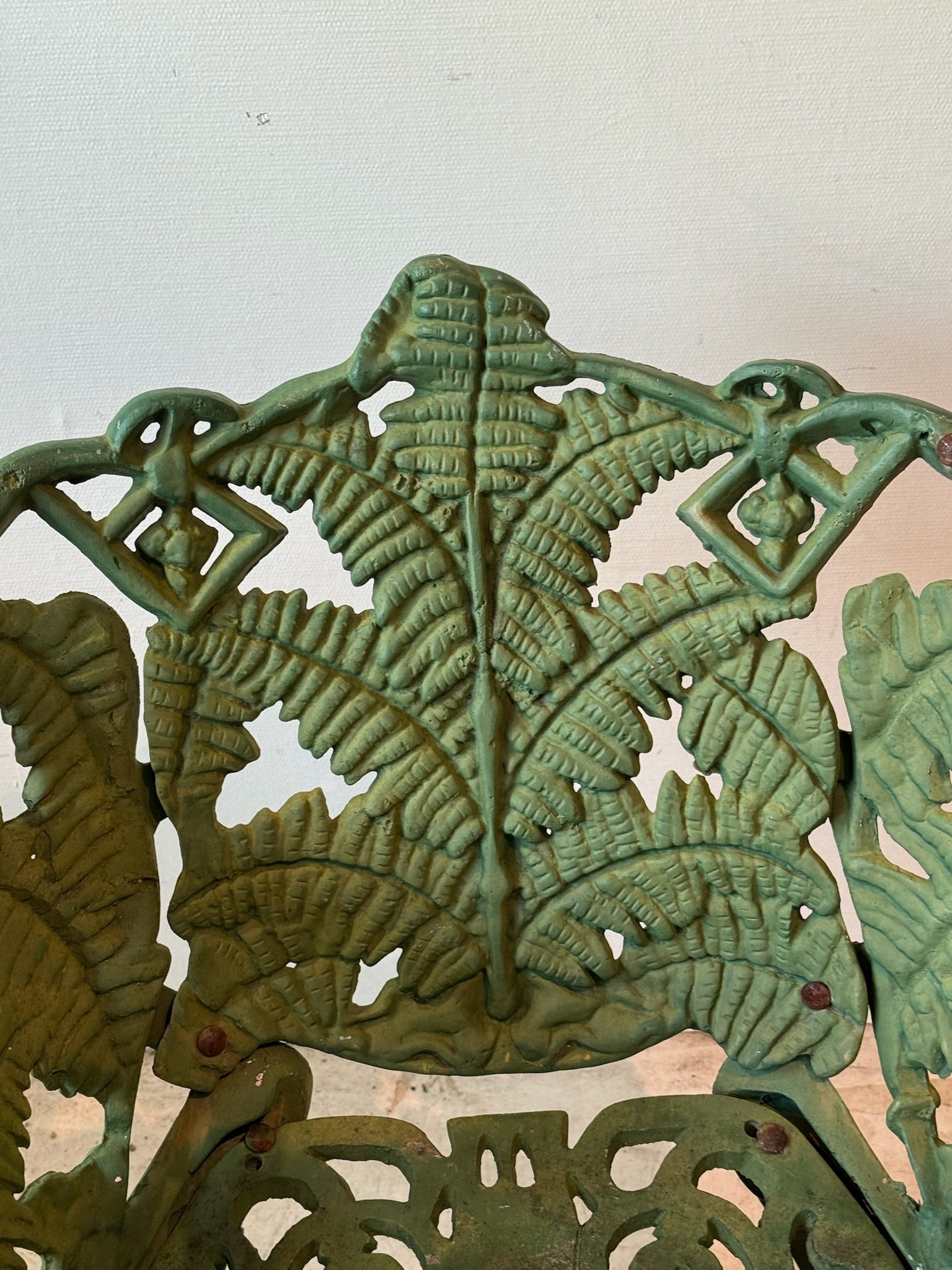 Antique Cast Iron Fern Motif Garden Chairs with Verdigris Patina – Set of 2