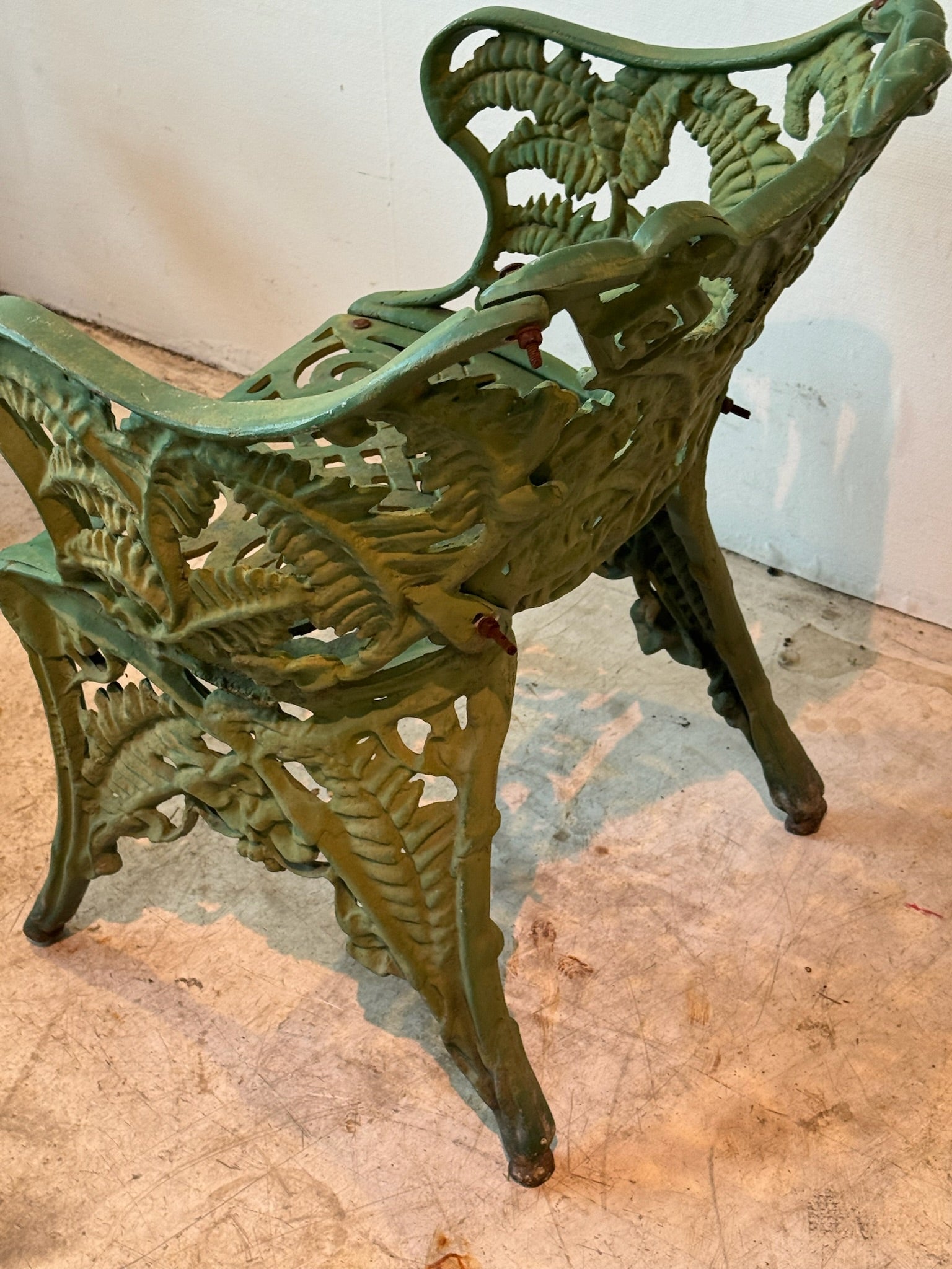 Antique Cast Iron Fern Motif Garden Chairs with Verdigris Patina – Set of 2