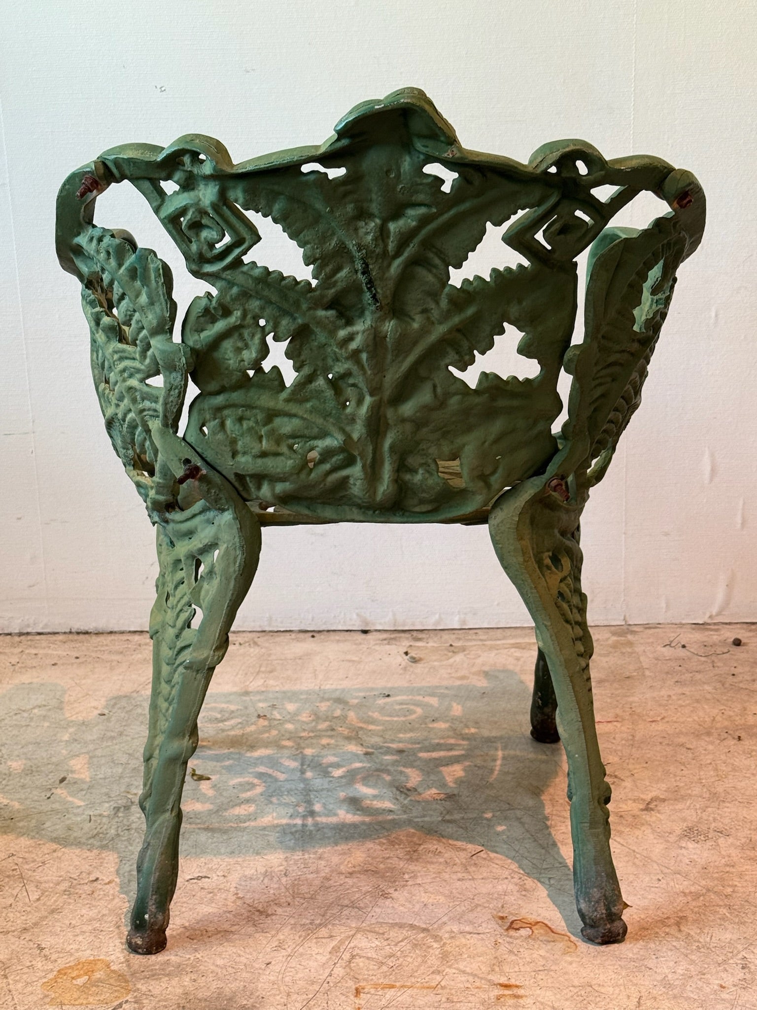 Antique Cast Iron Fern Motif Garden Chairs with Verdigris Patina – Set of 2