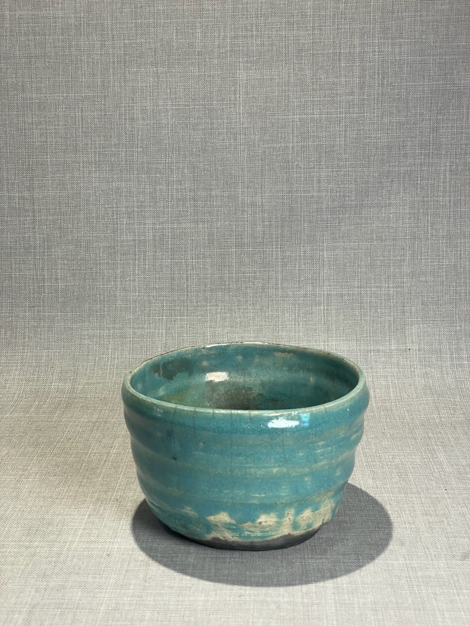 Hand-Thrown Turquoise Studio Pottery Bowl with Ribbed Sides