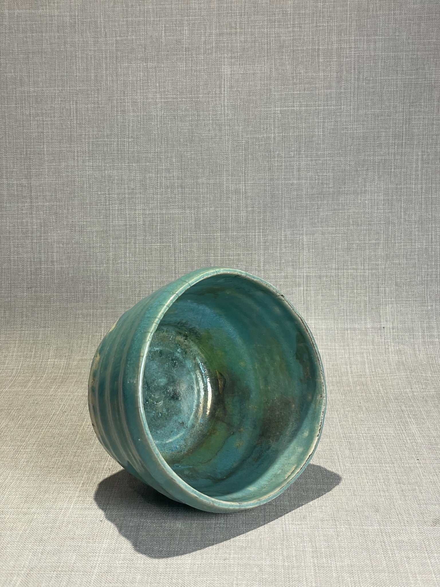 Hand-Thrown Turquoise Studio Pottery Bowl with Ribbed Sides