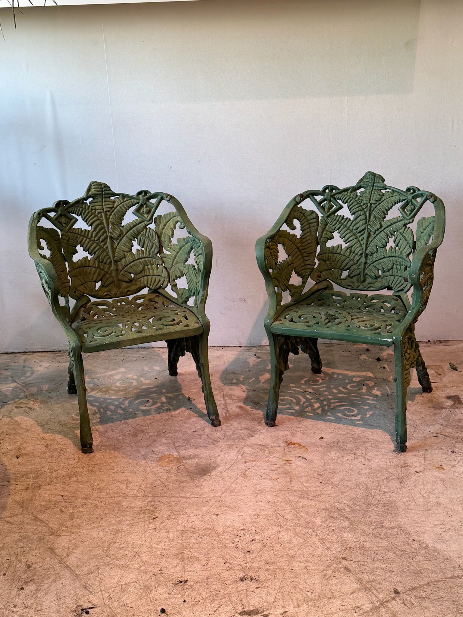 Antique Cast Iron Fern Motif Garden Chairs with Verdigris Patina – Set of 2