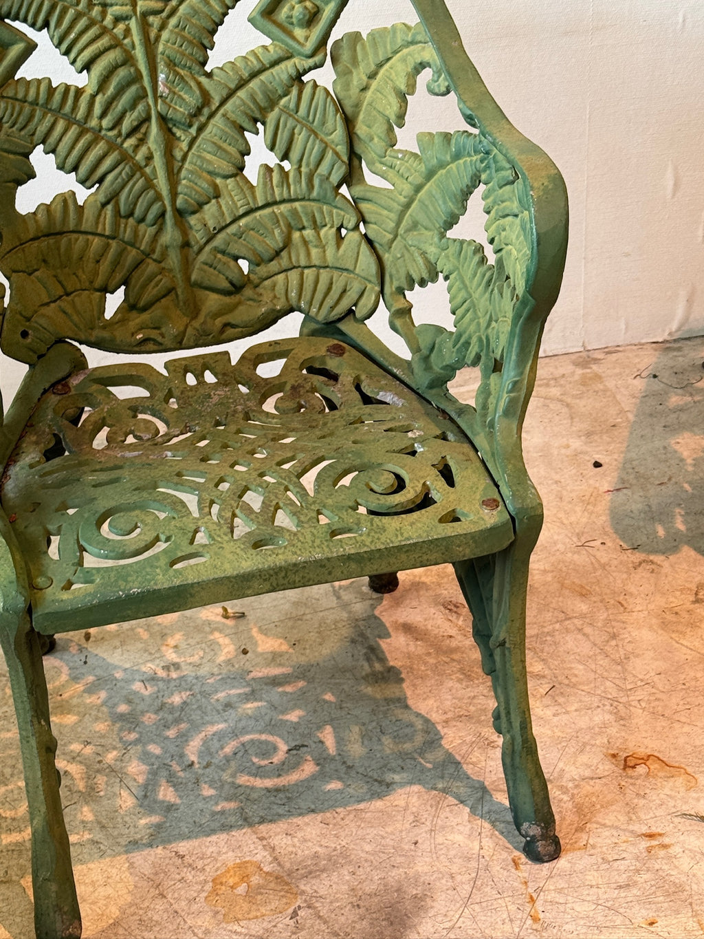 Antique Cast Iron Fern Motif Garden Chairs with Verdigris Patina – Set of 2