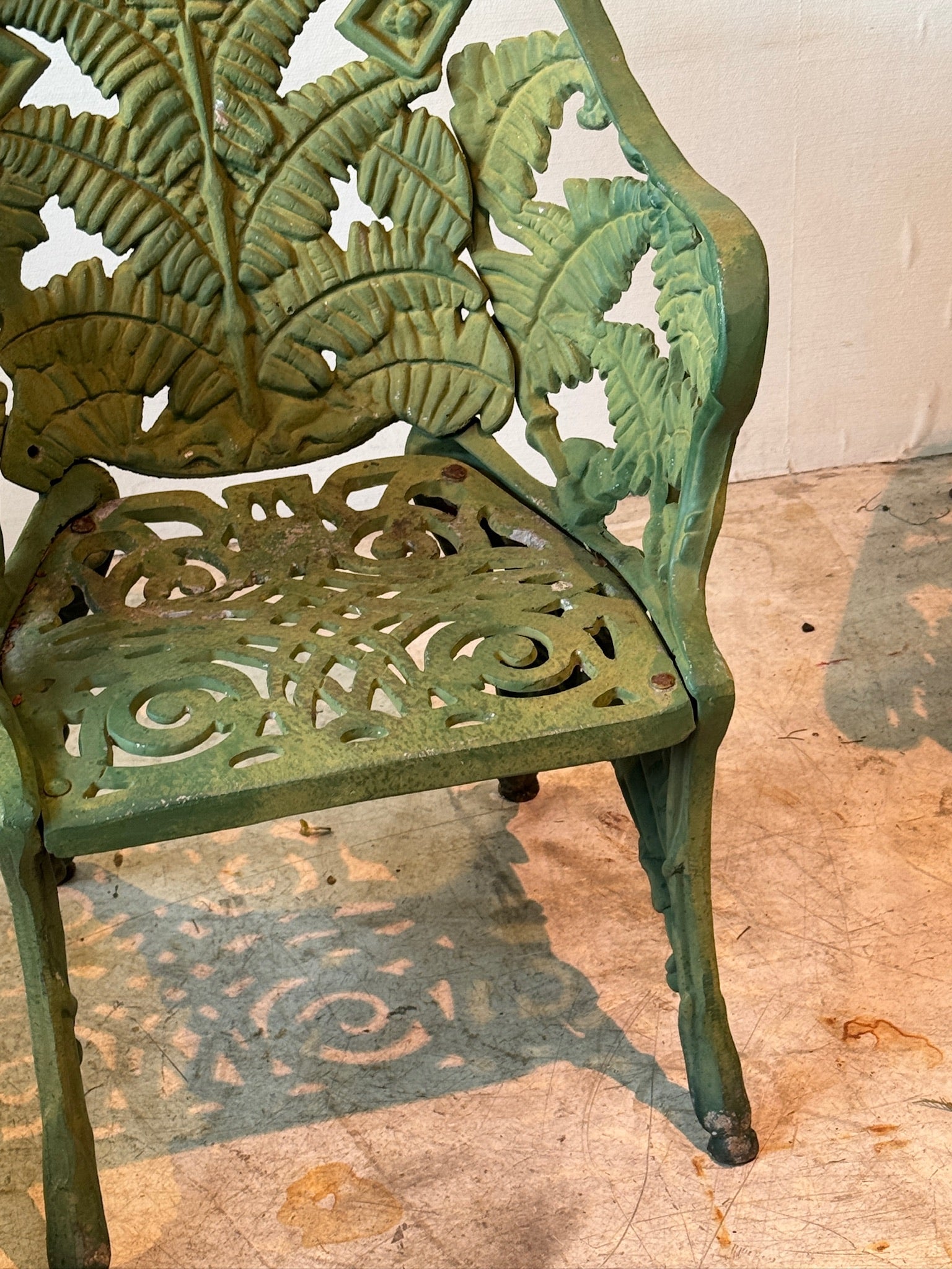 Antique Cast Iron Fern Motif Garden Chairs with Verdigris Patina – Set of 2