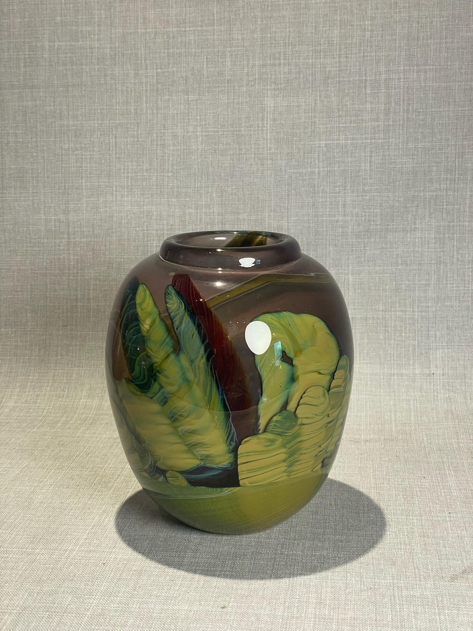 Hand-Blown Studio Art Glass Vase with Abstract Green Feathered Swirl Design