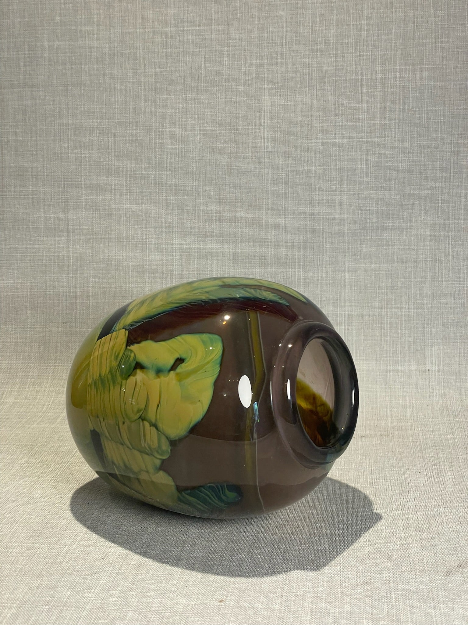 Hand-Blown Studio Art Glass Vase with Abstract Green Feathered Swirl Design