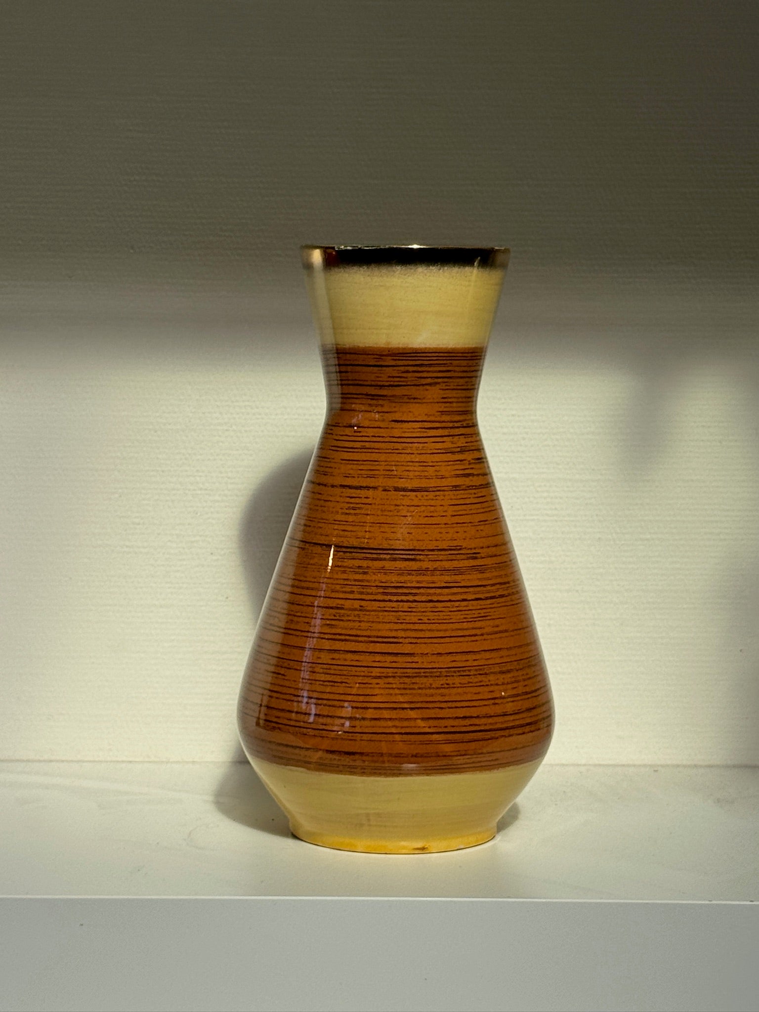 Mid-Century West German Scheurich 1218-25 Pottery Vase in Ochre and Caramel Horizontal Stripe Glaze