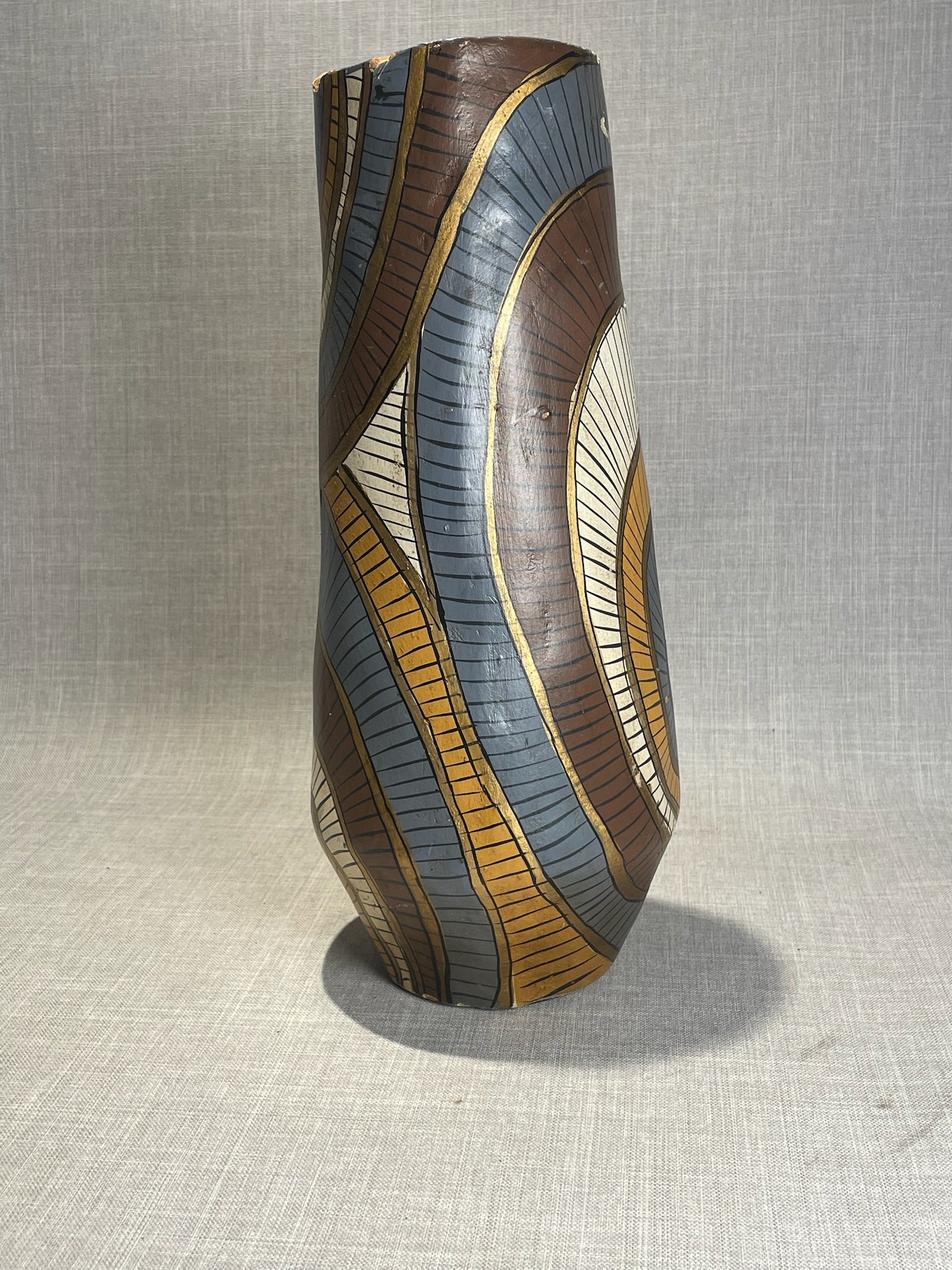 Mid-Century Hand-Painted African-Style Carved Wooden Vase with Geometric Tribal Motifs