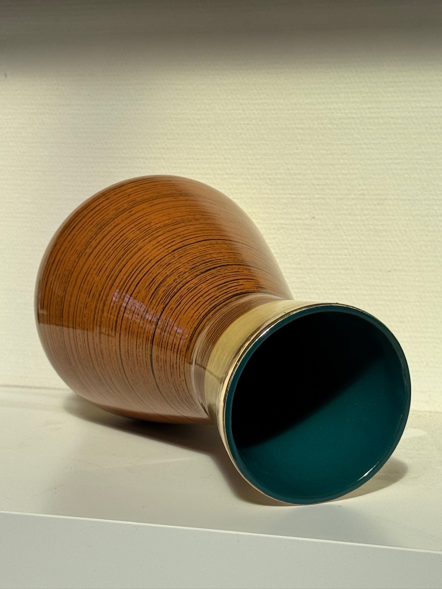 Mid-Century West German Scheurich 1218-25 Pottery Vase in Ochre and Caramel Horizontal Stripe Glaze