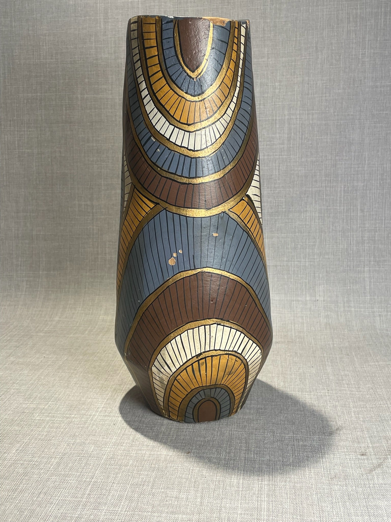 Mid-Century Hand-Painted African-Style Carved Wooden Vase with Geometric Tribal Motifs