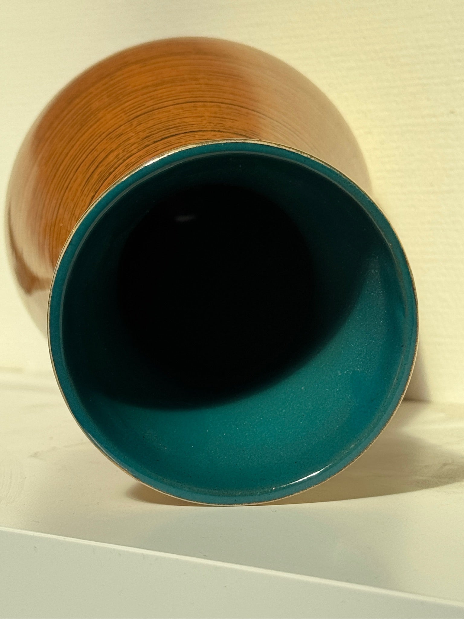 Mid-Century West German Scheurich 1218-25 Pottery Vase in Ochre and Caramel Horizontal Stripe Glaze