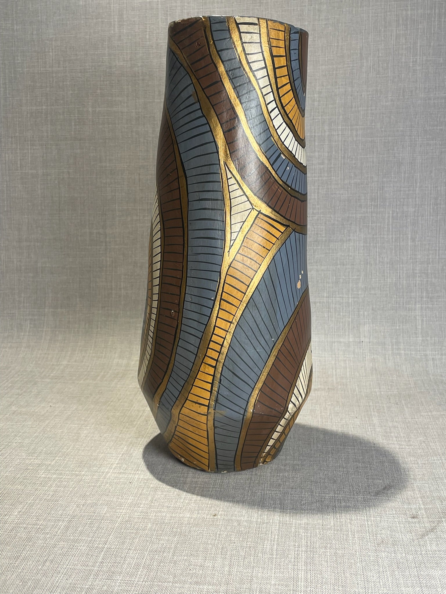 Mid-Century Hand-Painted African-Style Carved Wooden Vase with Geometric Tribal Motifs