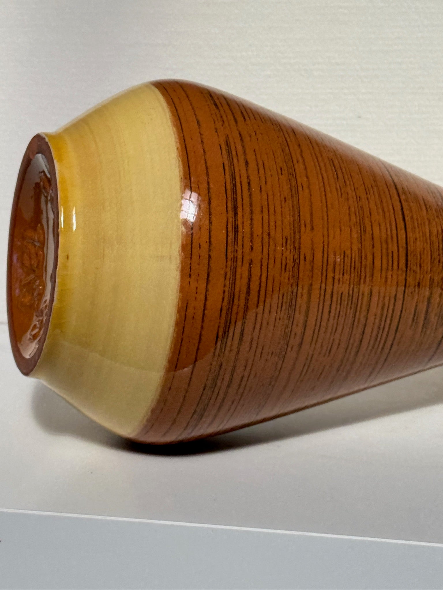 Mid-Century West German Scheurich 1218-25 Pottery Vase in Ochre and Caramel Horizontal Stripe Glaze