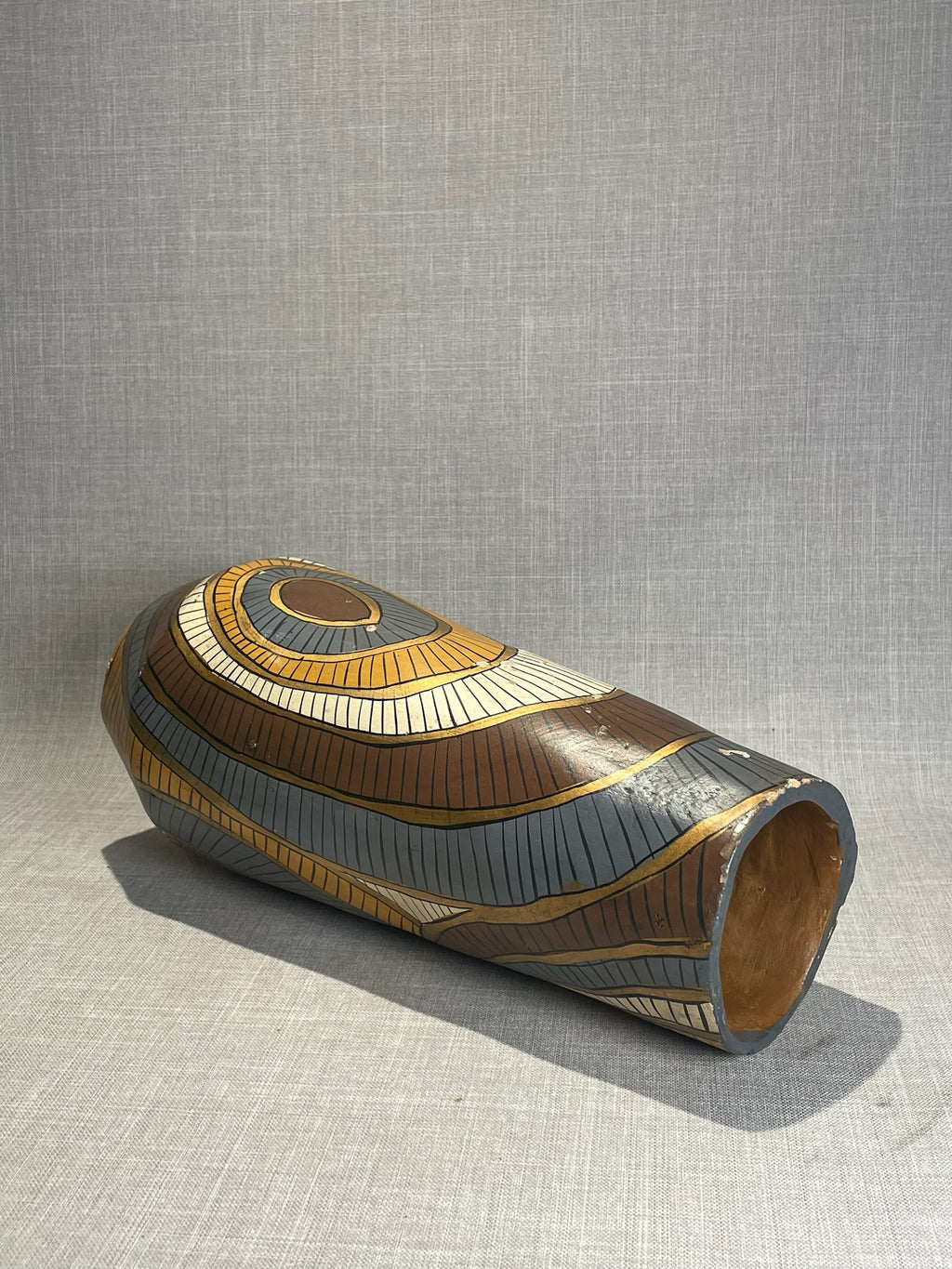 Mid-Century Hand-Painted African-Style Carved Wooden Vase with Geometric Tribal Motifs
