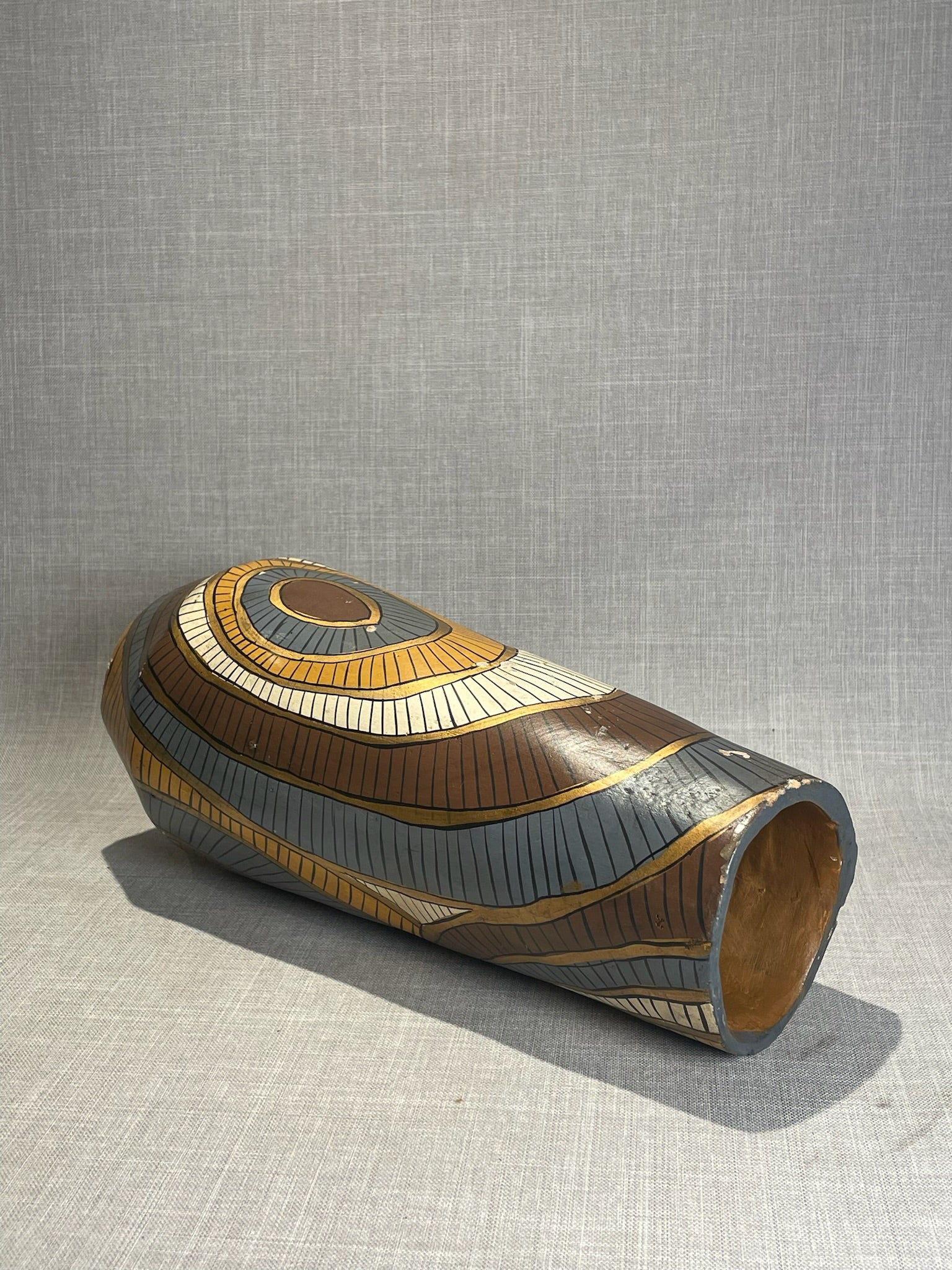 Mid-Century Hand-Painted African-Style Carved Wooden Vase with Geometric Tribal Motifs