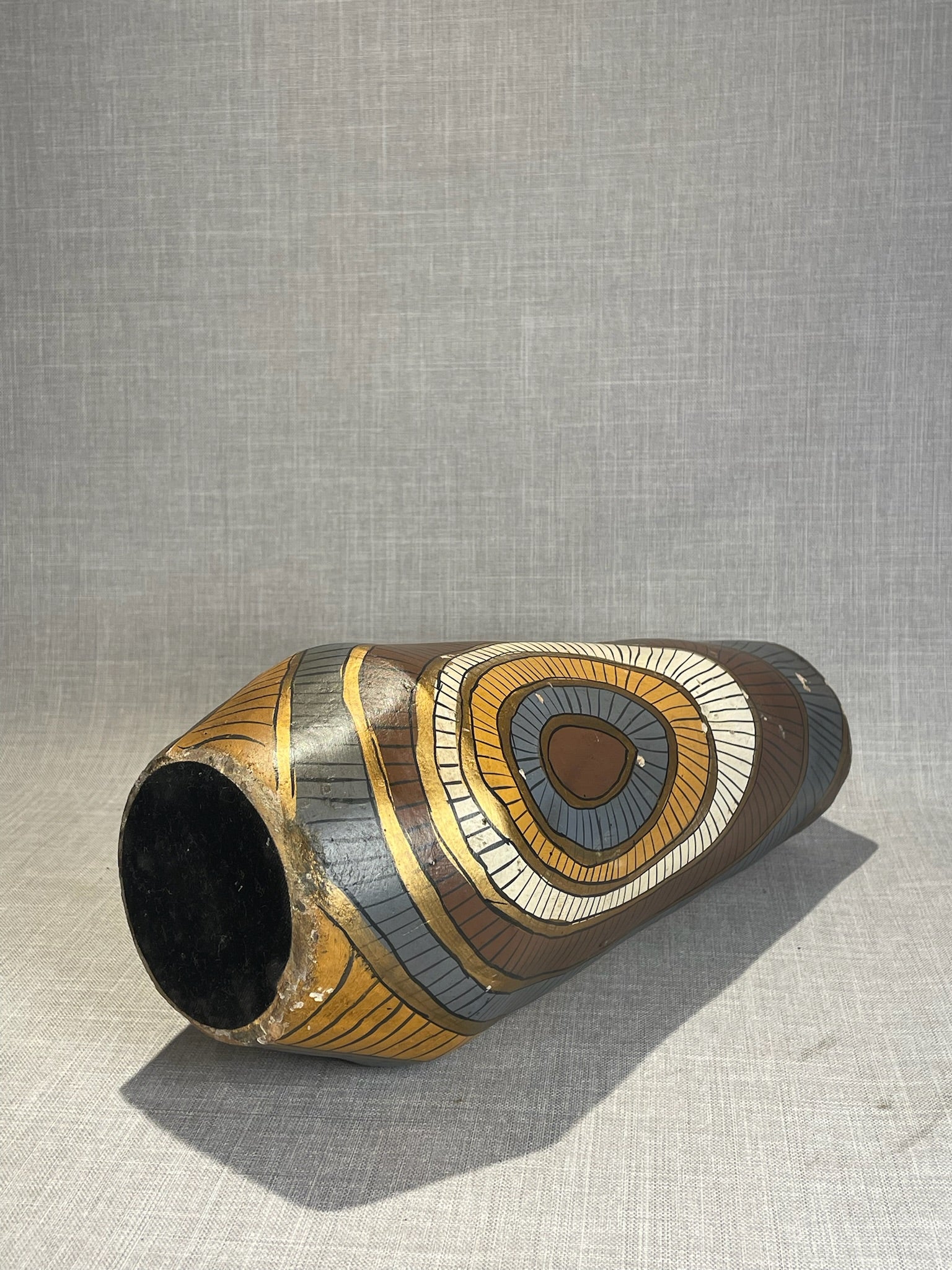 Mid-Century Hand-Painted African-Style Carved Wooden Vase with Geometric Tribal Motifs