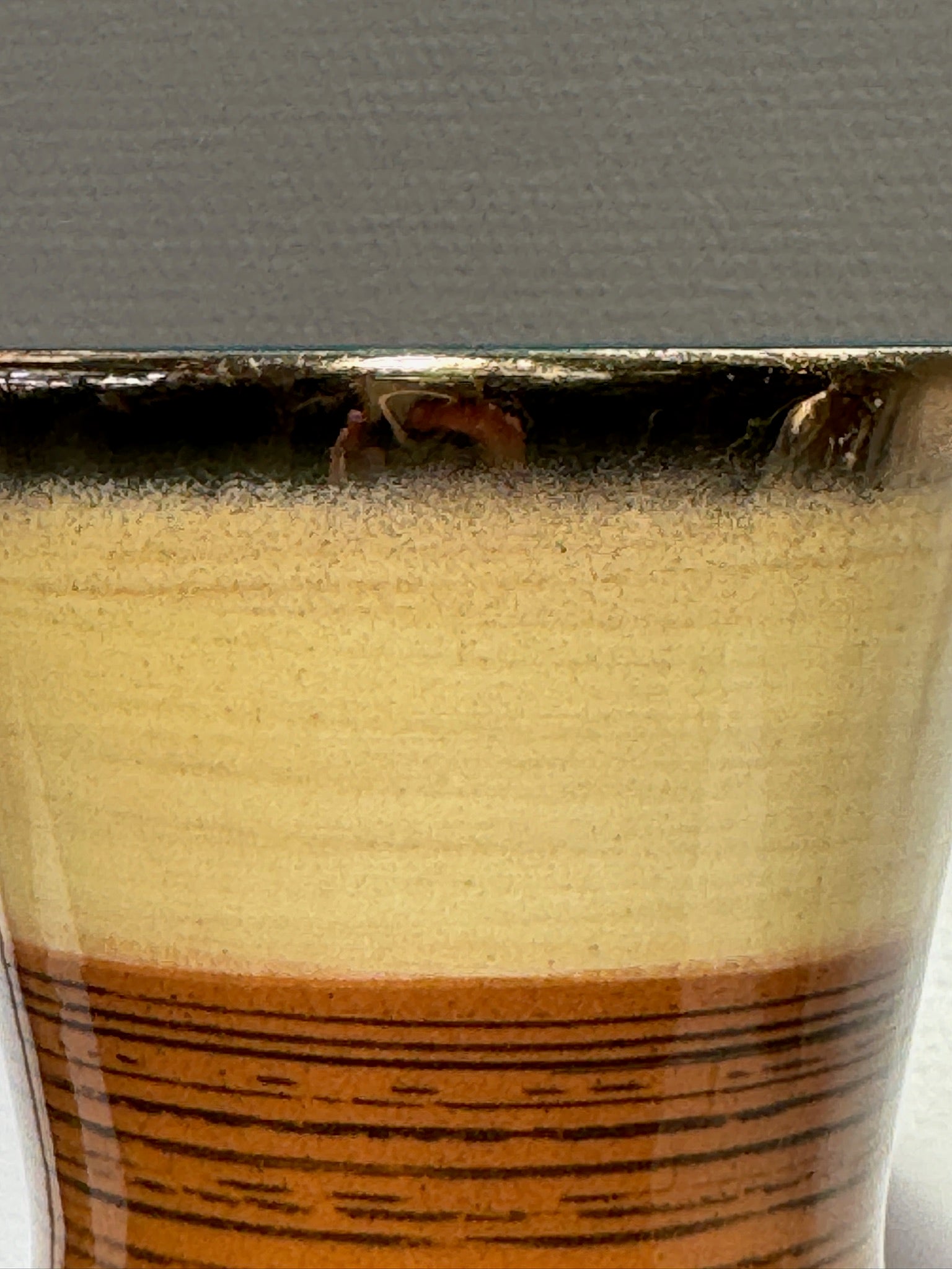 Mid-Century West German Scheurich 1218-25 Pottery Vase in Ochre and Caramel Horizontal Stripe Glaze