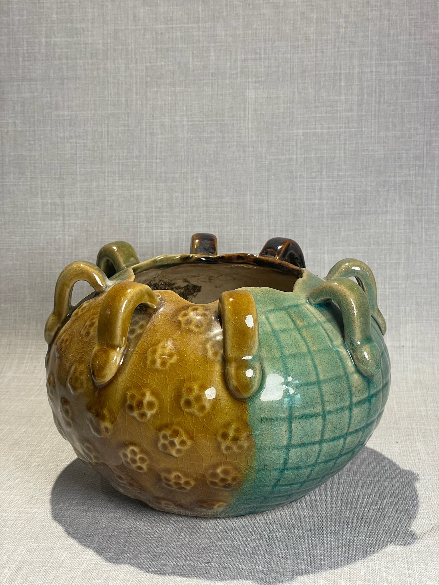 Vintage Multiglaze Studio Ceramic Vase with Multiple Loop Handles and Textured Surface