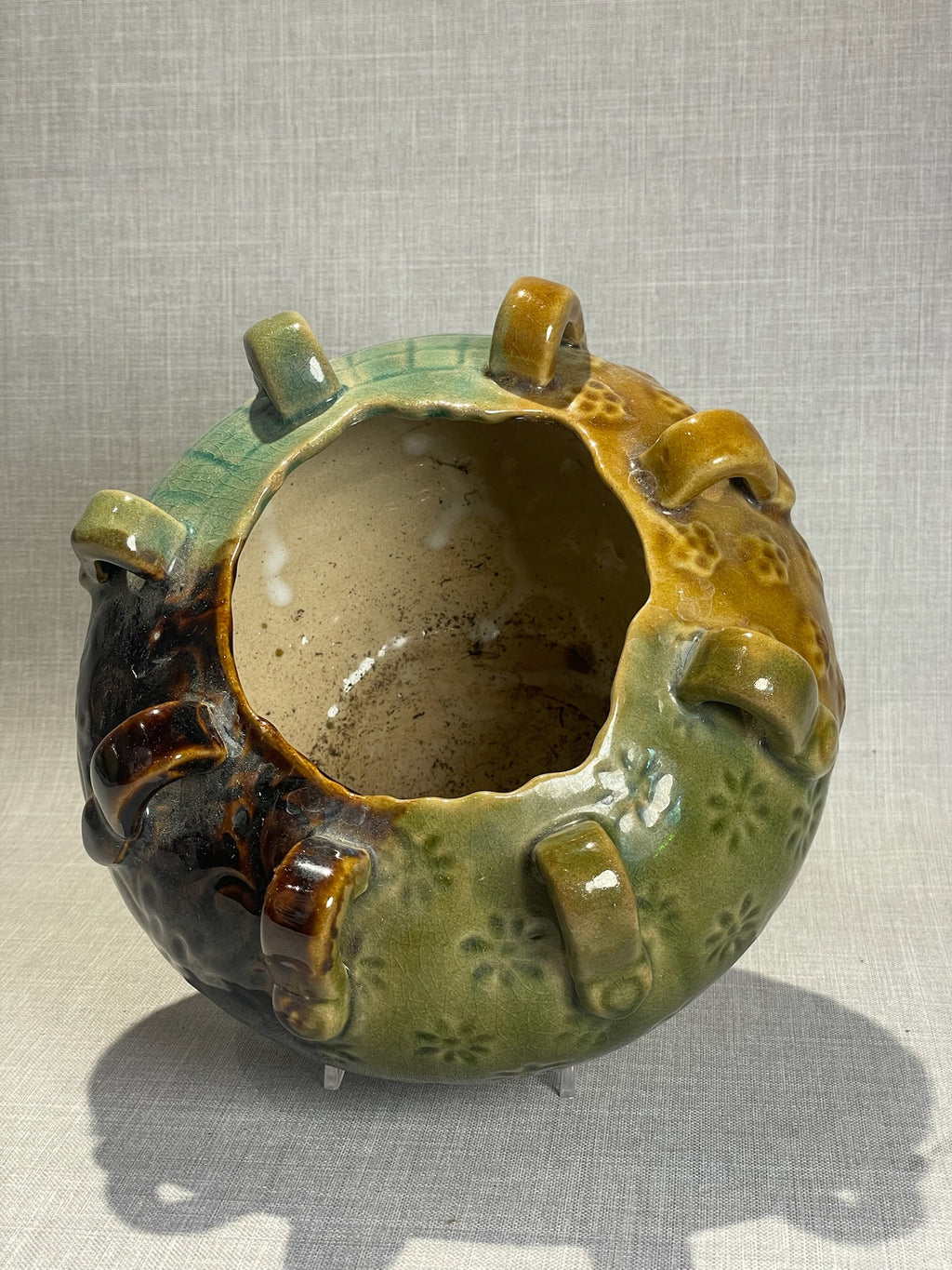 Vintage Multiglaze Studio Ceramic Vase with Multiple Loop Handles and Textured Surface