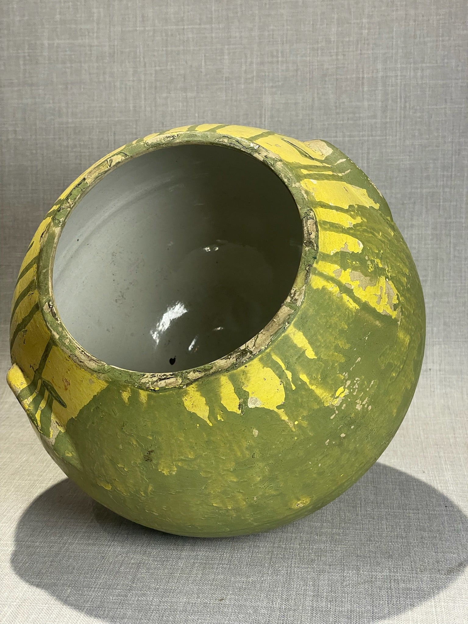 Mid-Century Modern Green and Yellow Drip-Glazed Ceramic Vase with Rounded Body and Tripod Feet