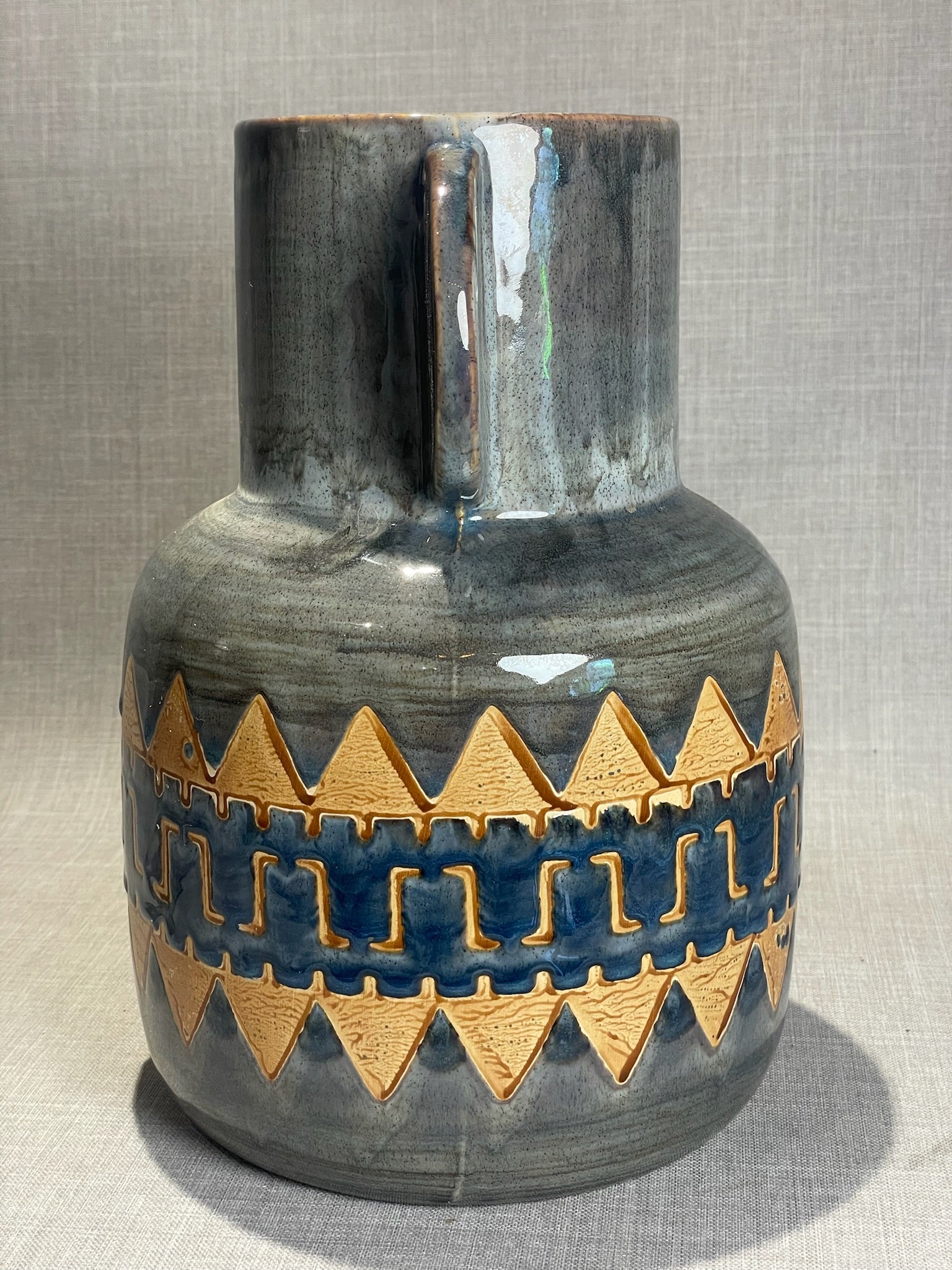 Mid-Century Modern Gray Glazed Terracota Floor Vase with Incised Geometric Band and Sculptural Side Handles